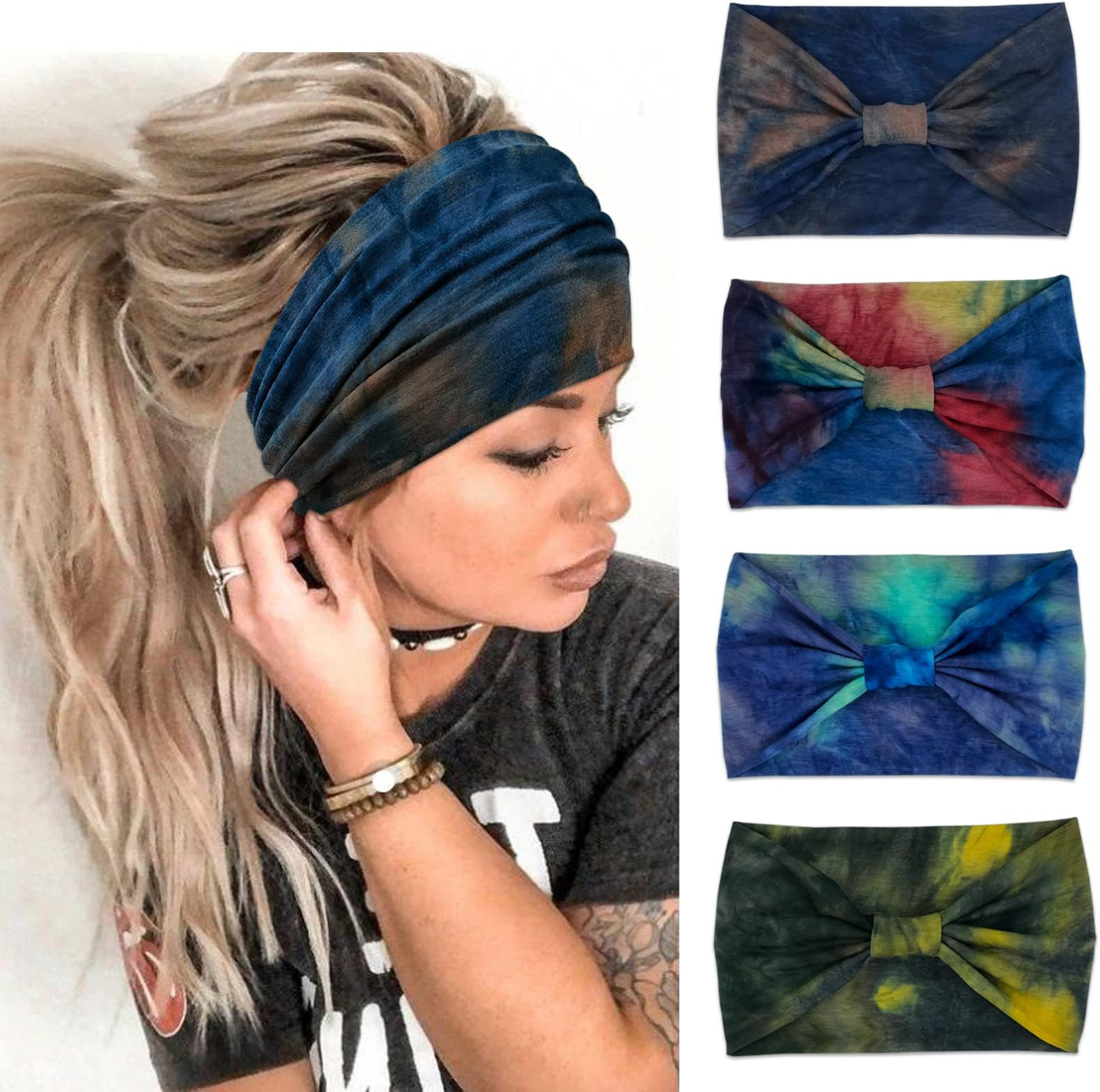YONUF Wide Headbands for Women, 4 Pack Boho Knotted Head Bands Blue Tie Dye
