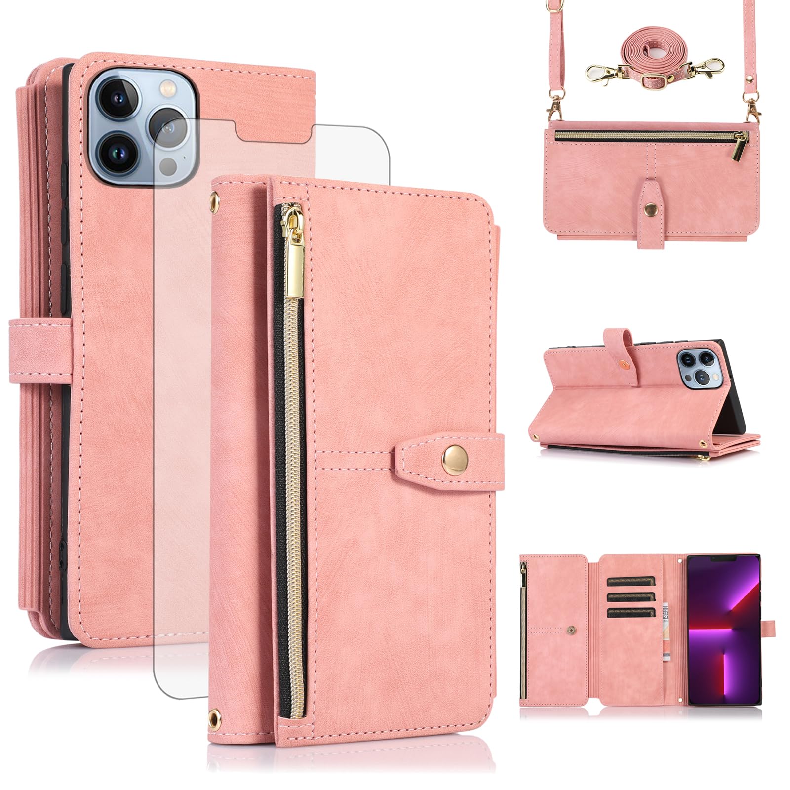 Asuwish Handyhülle für iPhone 13 Pro Max Hülle mit Band Folie Schutzfolie Kartenfach Klappbar Leder Geldbörse Ständer i 13Pro ProMax MaxHülle Handy Hüllen Schutzhülle Phone Case Rosa