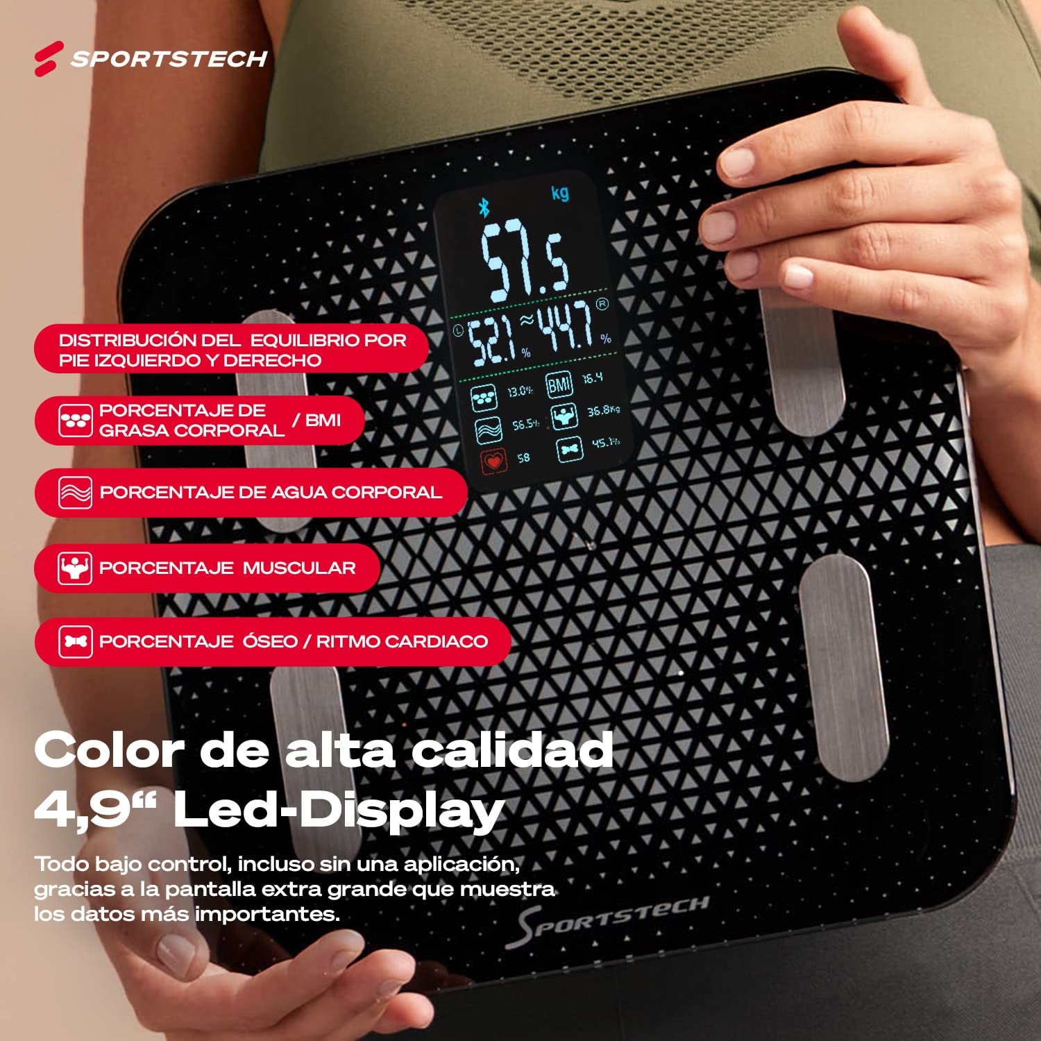 Sportstech Báscula Digital Análisis de Grasa Corporal y Masa Muscular + Pantalla Extra Grande | Báscula de baño de hasta 180 kg | Pesa con Bluetooth y App de bajo consumo | Batería de 30 días | BBS300