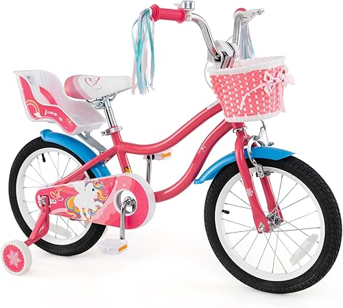 Miniatura 23 de BABY JOY Bicicleta para niños de 12, 14, 16, 18, 20 pulgadas, con ruedas de entrenamiento desmontables o soporte, cesta de almacenamiento, asiento