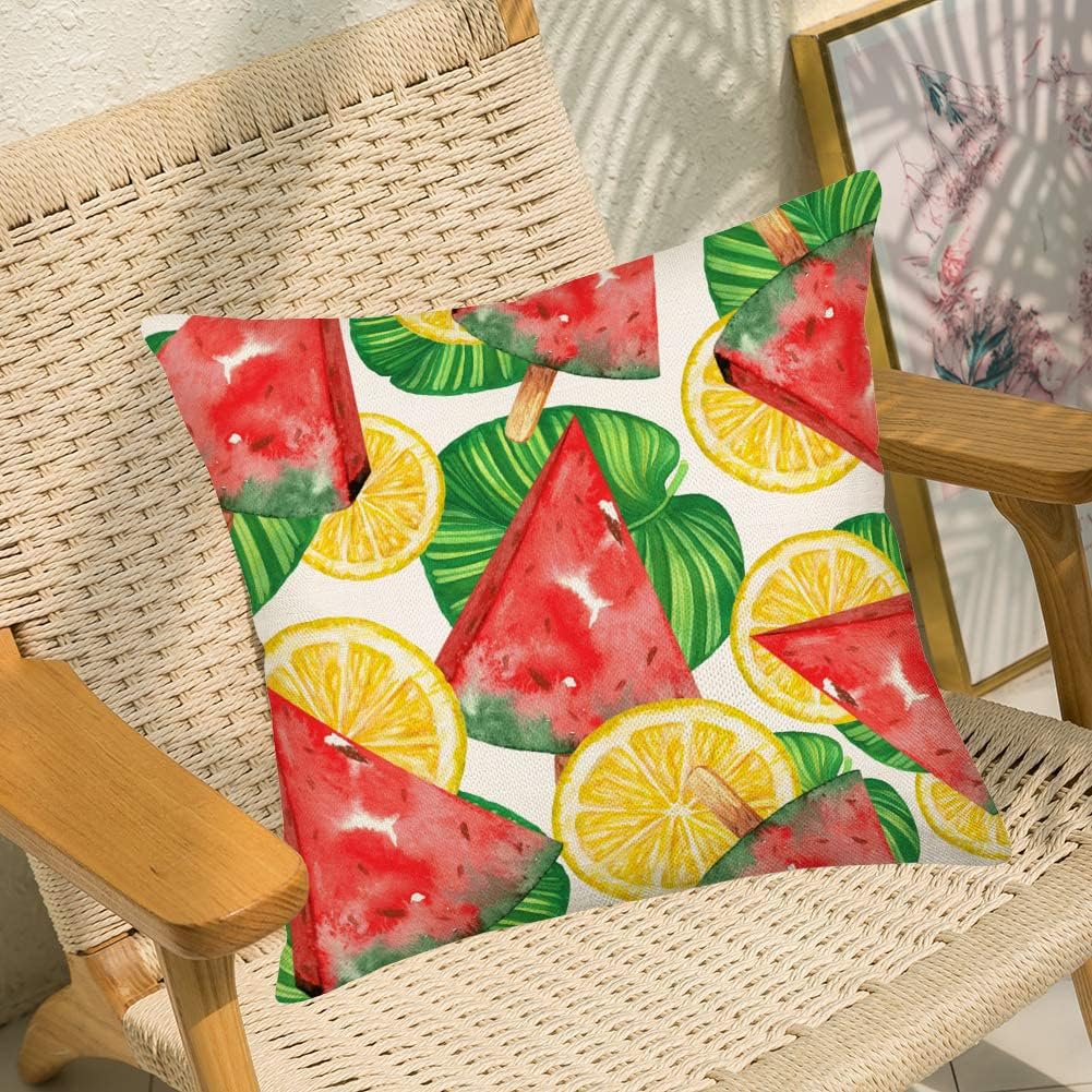 Fukeen Summer Watermelon Pillow Covers 22x22 Inch Set of 4 Summer Tropical Palm Leaves Lemon Watermelon Pillow Case Outdoor Home Sofa Couch Decor Pillows Cushion Cover, Red Green Yellow