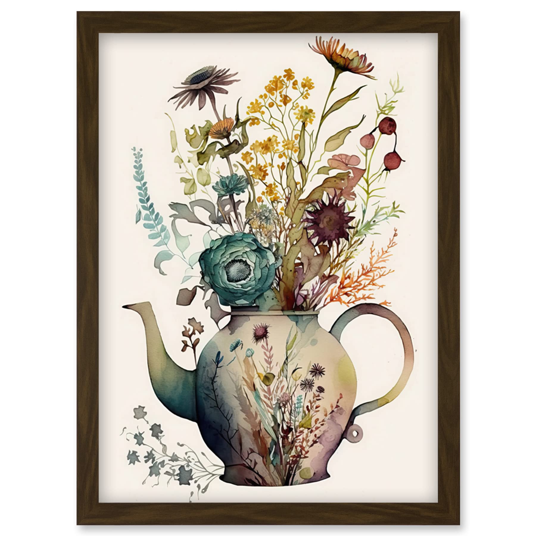 Artery8 Framed Wall Art Print - A4 Size - Flower Bouquet in Floral Pattern Ceramic Teapot Artwork