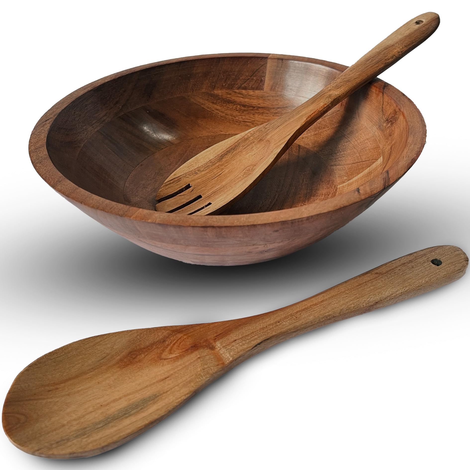 SUVICASA Acacia Wood Salad Bowl, 10 X 3 Inch, Wooden Salad Bowl Set with Serving Utensils