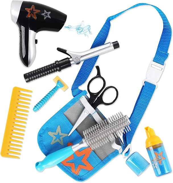 deAO Stylist Hairdresser Barber Salon Role Hairdryer, Curling Iron, Belt and Styling Accessories Included  Pretend Play Set for Kids, 13.5 x 2.5 x 8.5 Centimeters