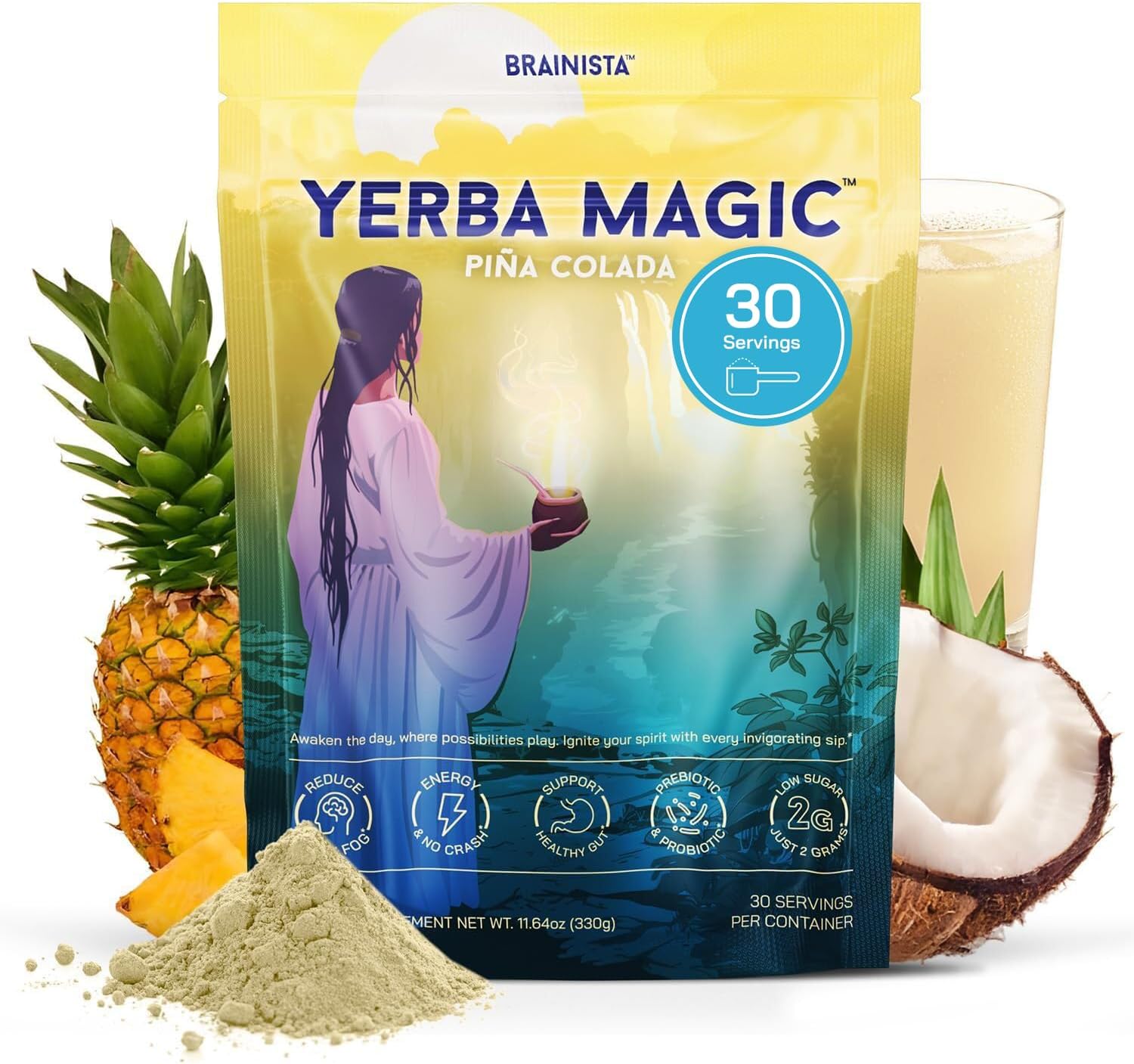 Yerba Magic – Yerba Mate Tea Instant Powder Super Drink with Nootropics, Prebiotics & Probiotics – Clean Energy, Mental Clarity & Gut Wellness | Low Sugar, Natural Caffeine – Pina Colada, 30 Servings