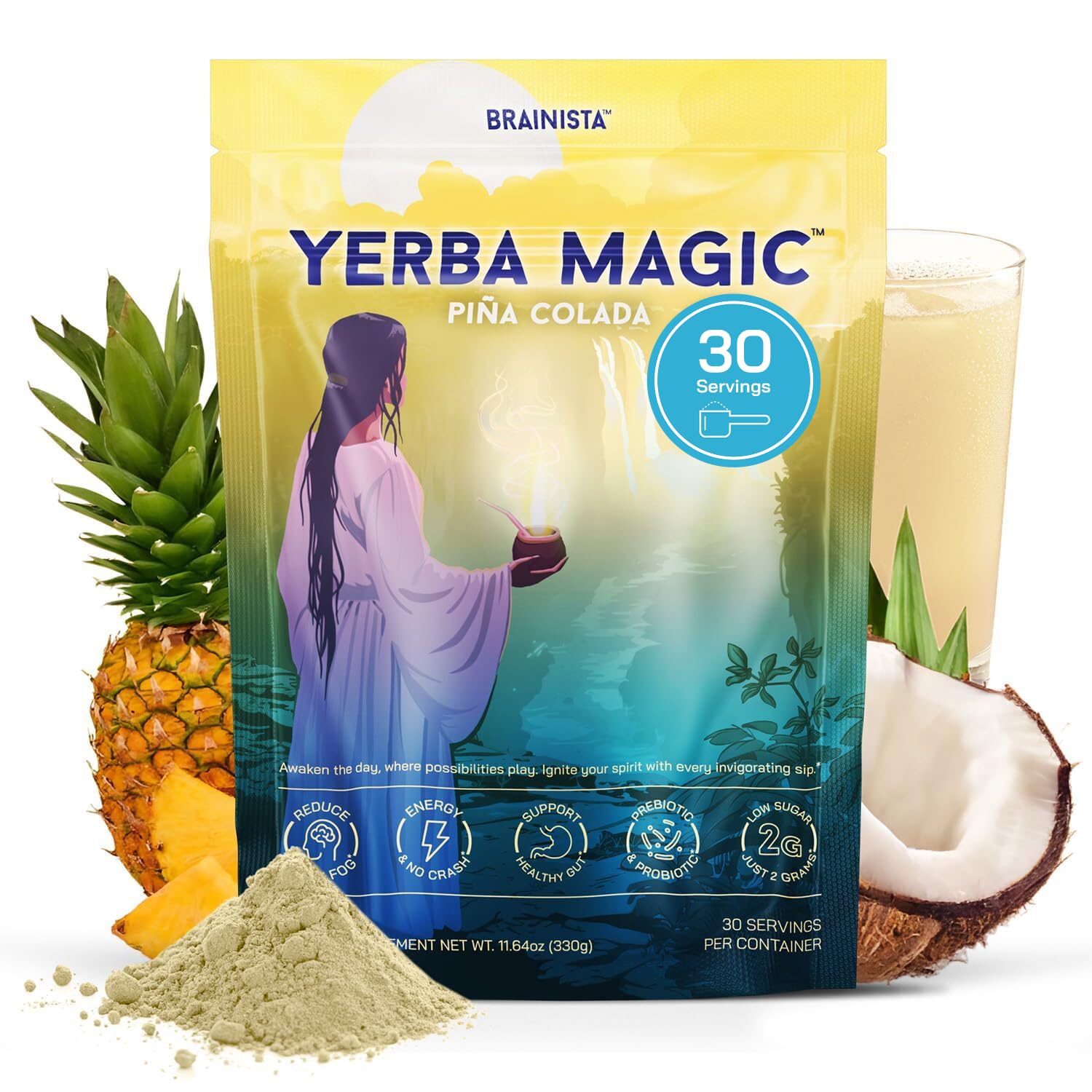 Yerba Magic – Yerba Mate Tea Instant Powder Super Drink with Nootropics, Prebiotics & Probiotics – Clean Energy, Mental Clarity & Gut Wellness | Low Sugar, Natural Caffeine – Pina Colada, 30 Servings