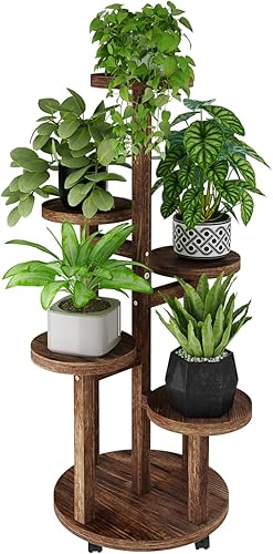 Bamworld Soporte alto para plantas de 5 niveles para interiores, estante esquinero de madera con ruedas para múltiples plantas, soporte de flores
