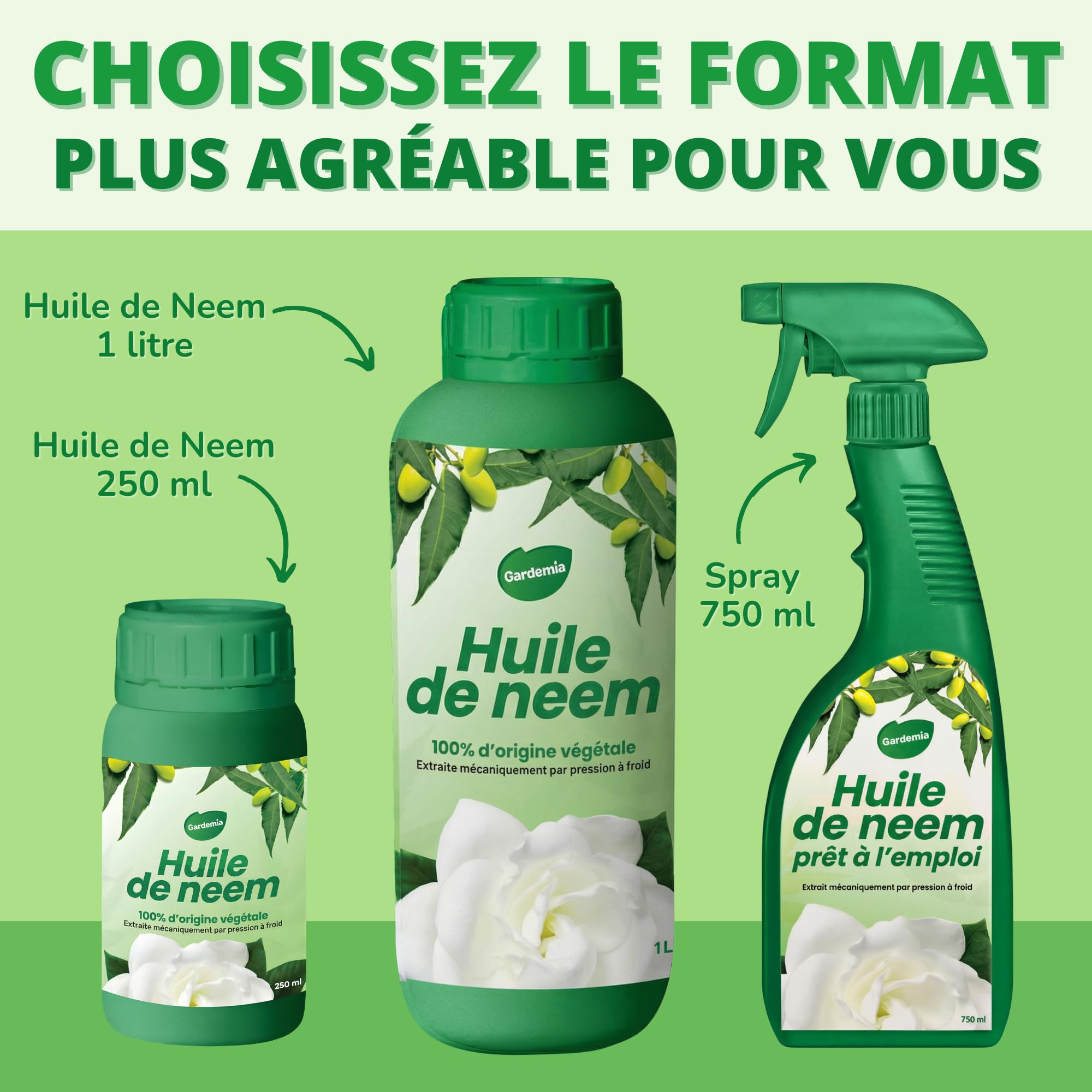 Gardemia Huile de Neem avec Émulsifiant 1L miscible à l'eau 100% d'origine végétale extraite mécaniquement par pression à froid des fruits du Néemier