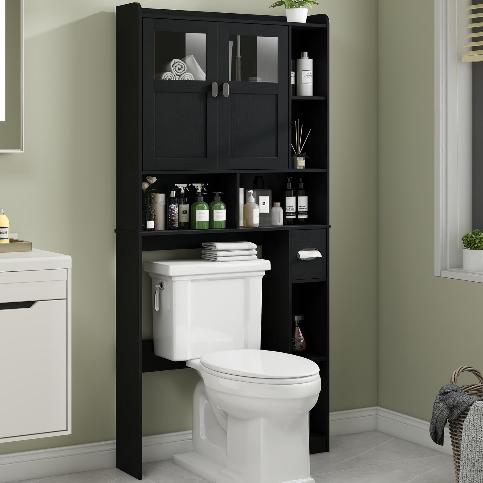 Vabches Over The Toilet Storage Cabinet, Bathroom Shelf Over Toilet with Glass Doors and Adjustable Shelves, Black Freestanding Home Space Save Toilet Rack, for Restroom, Bathroom, Laundry