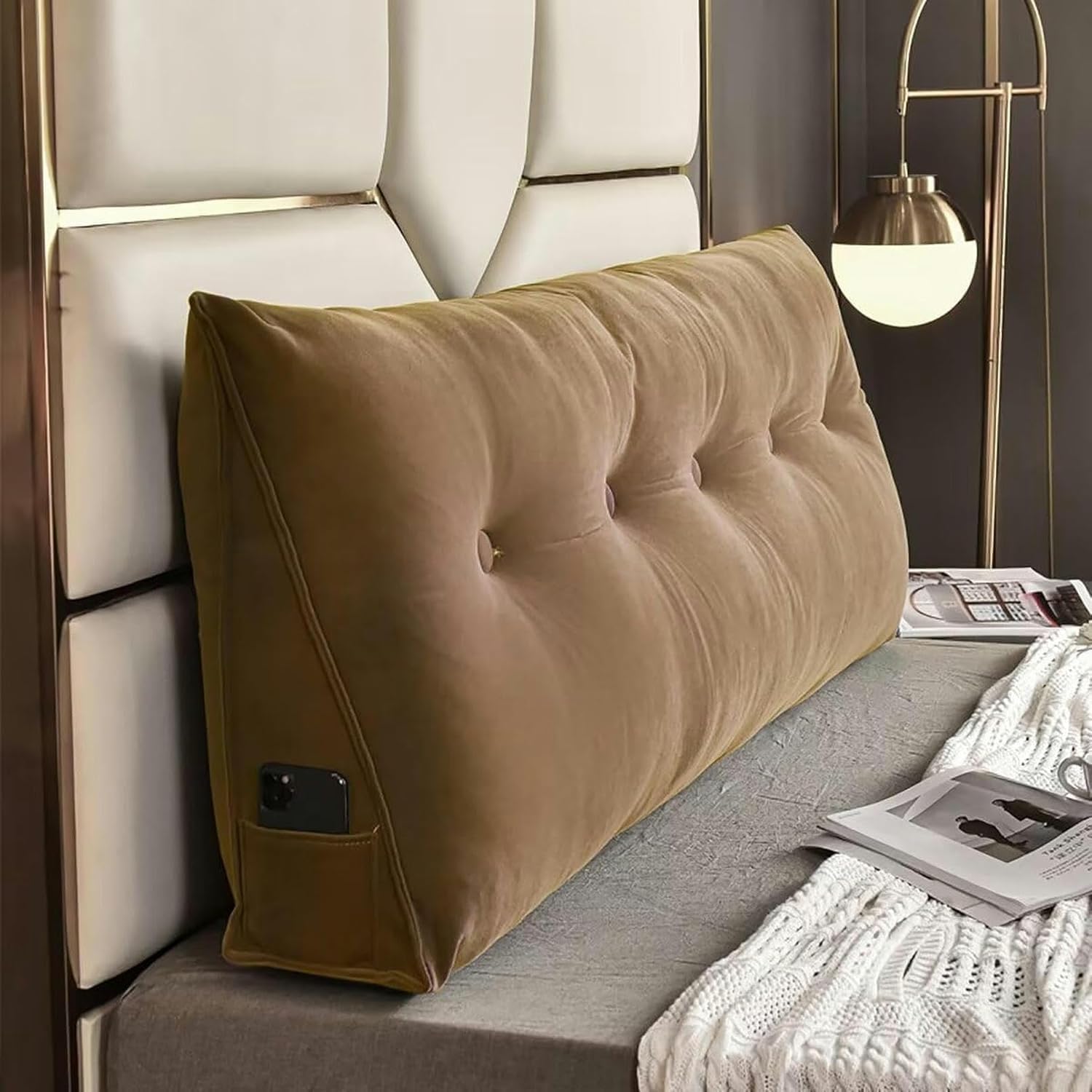 Wedge Headboard Pillow, Headboard Pillow, Headboard Backrest Wedge Pillow with Removable Cover Side Pockets, Dark Green Wedge Pillow(Purple,Twin-39x20x8in)