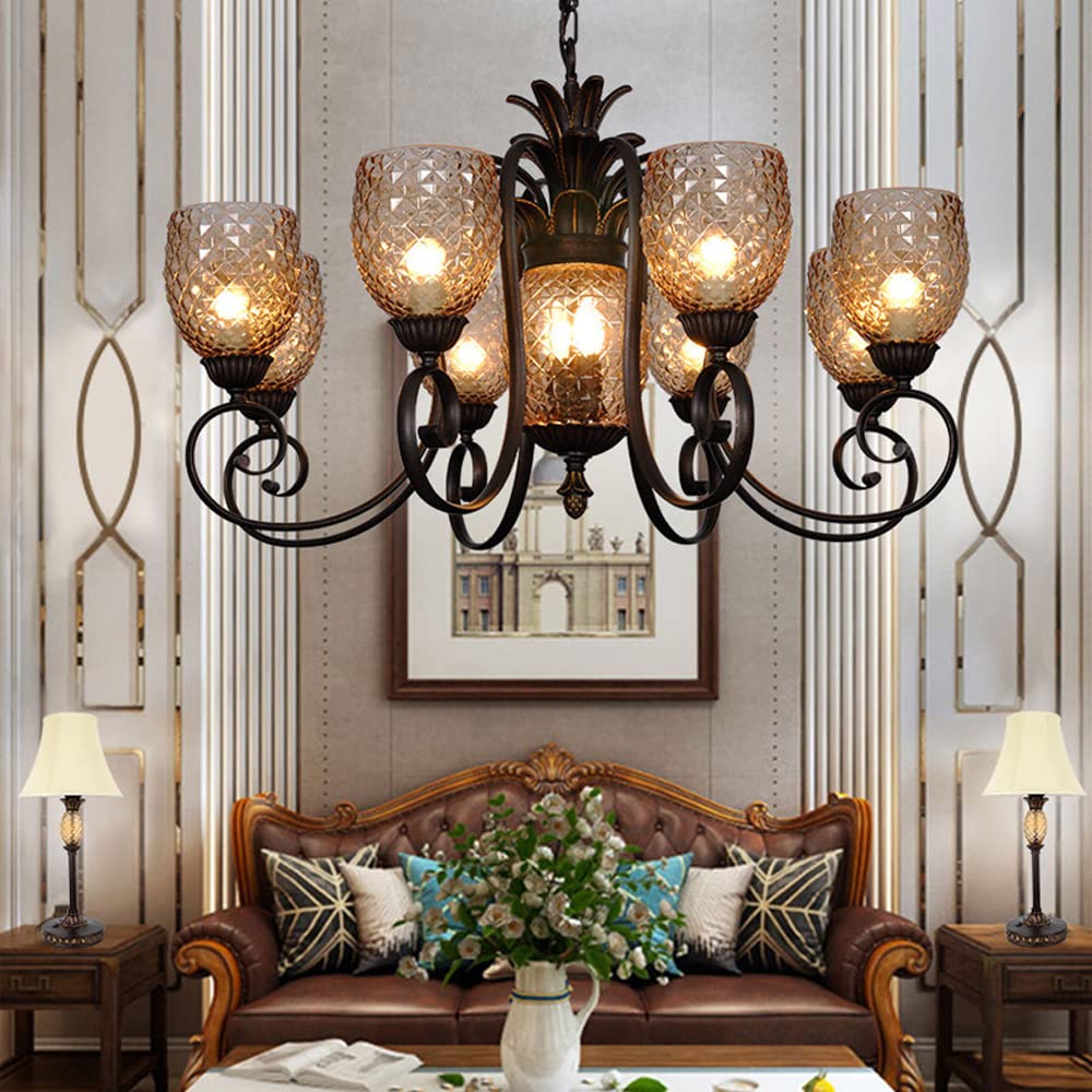 Żyrandol 8 głów Tradycyjny salon Ananasowy żyrandol Wisząca lampa na werandę Kształt ananasa Oświetlenie wiszące Oprawy dekoracyjne żywiczne Retro Balkon Jadalnia Bar Corri