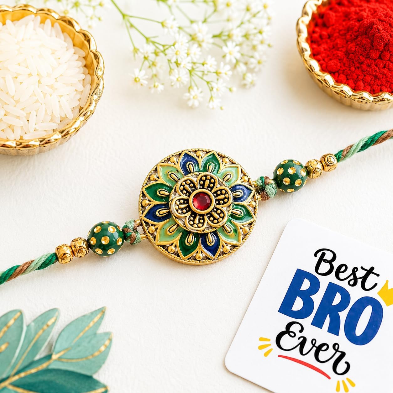 eCraftIndia Multicolor Flower Designer Rakhi for Brother With Gift Combo Set | Raksha Bandhan Rakhi for Bhai Bhaiya | Best Bro Ever Fridge Magnet | Roli Chawal Pack
