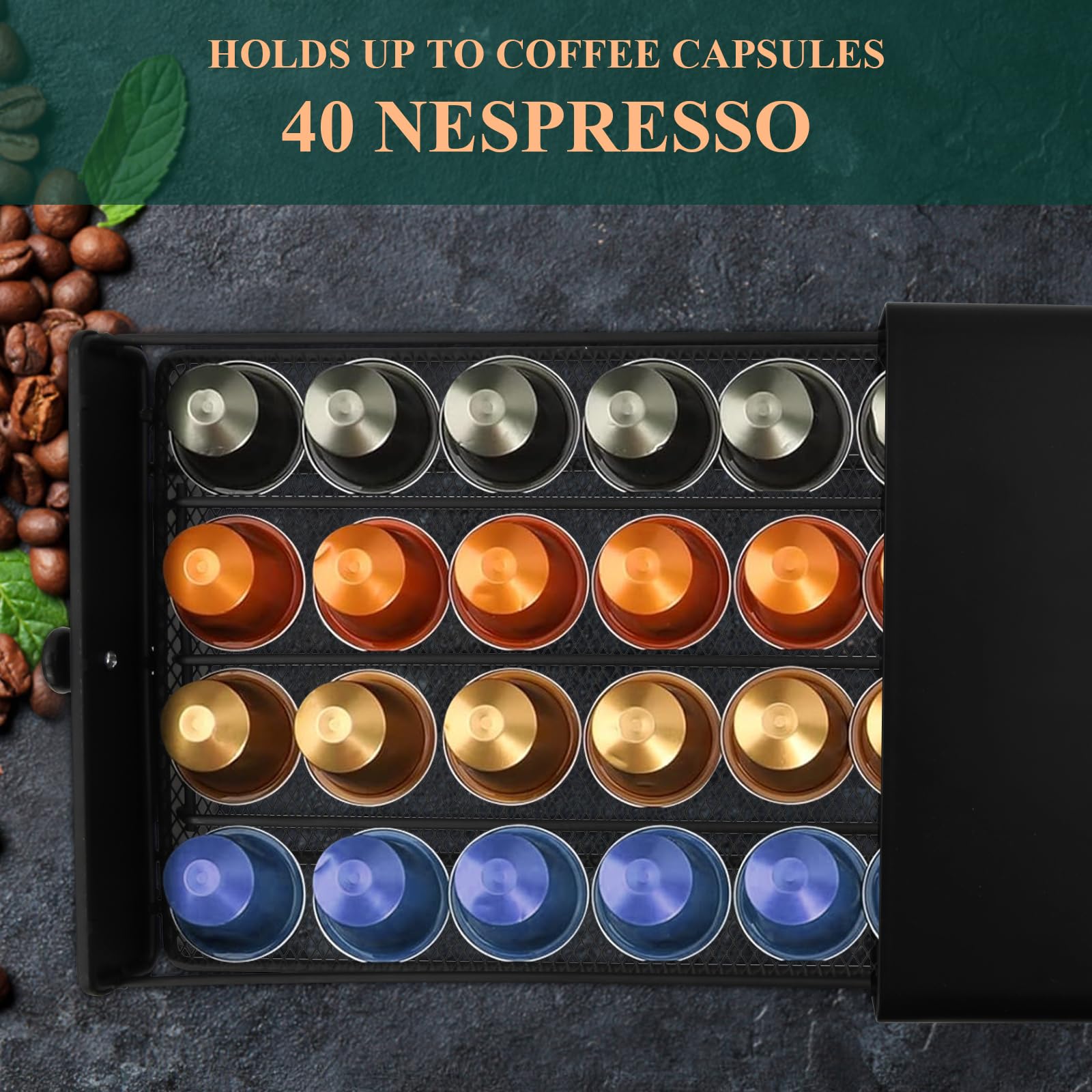 Volumoon Cajón para Almacenar Capsulas, Soporte para Cápsulas de Café Compatible con 40 Cápsulas Nespresso, Portacápsulas Metálico, Dispensador de Cápsulas de Cafe, 37.5 x 17.5 x 5 cm