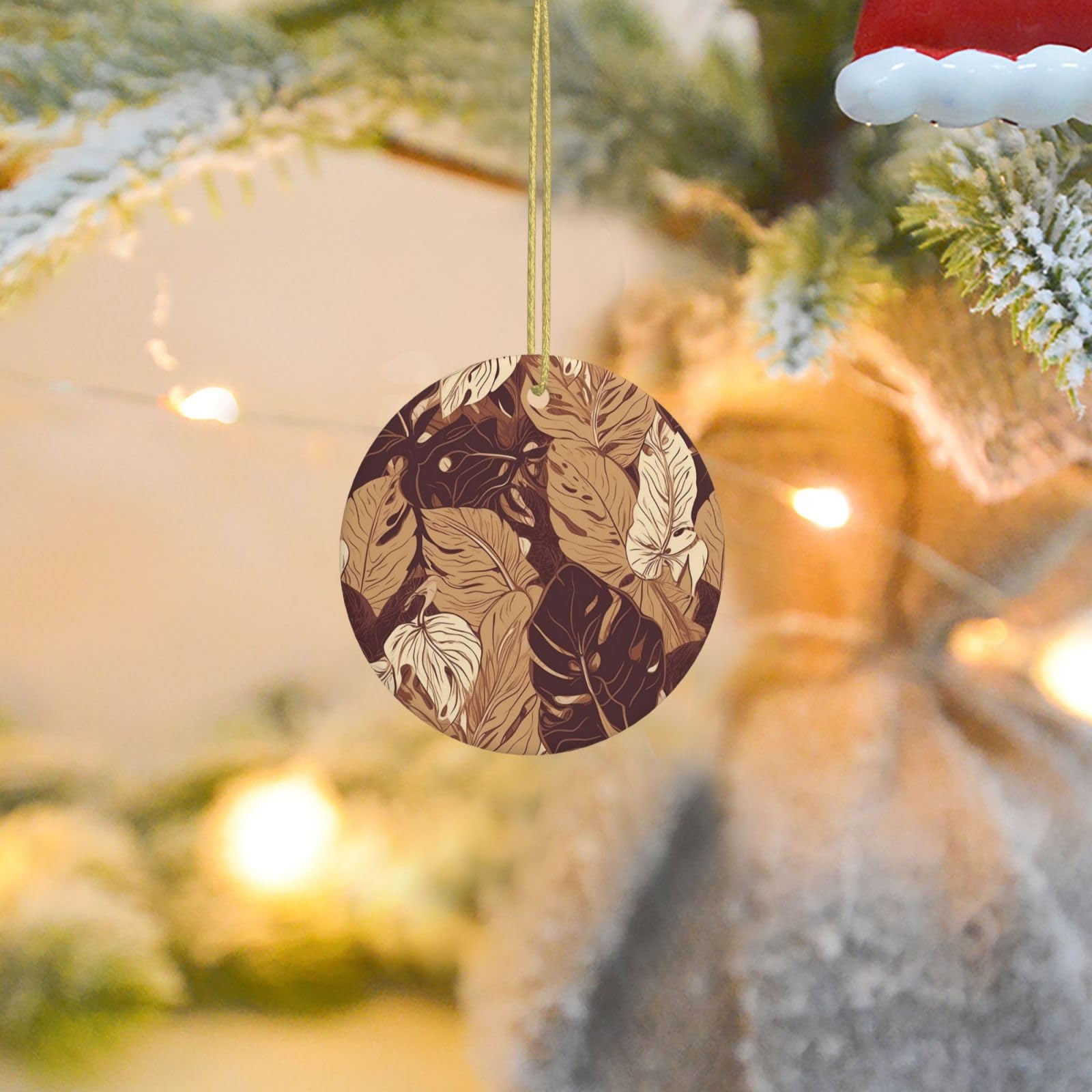Christmas Tree Ornaments Ceramics Christmas Round Decorations Brown Tropical Leaves Ceramics Ornaments Circle Pentagram Xmas Tree Hanging Pendant for Christmas Tree Party Holiday Home Decor