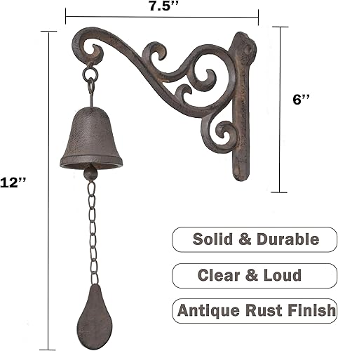 Miniatura 2 de Campana de cena vintage de hierro fundido para exteriores, campanas colgantes para puerta, patio, granja, interior, jardín (sonido de campana