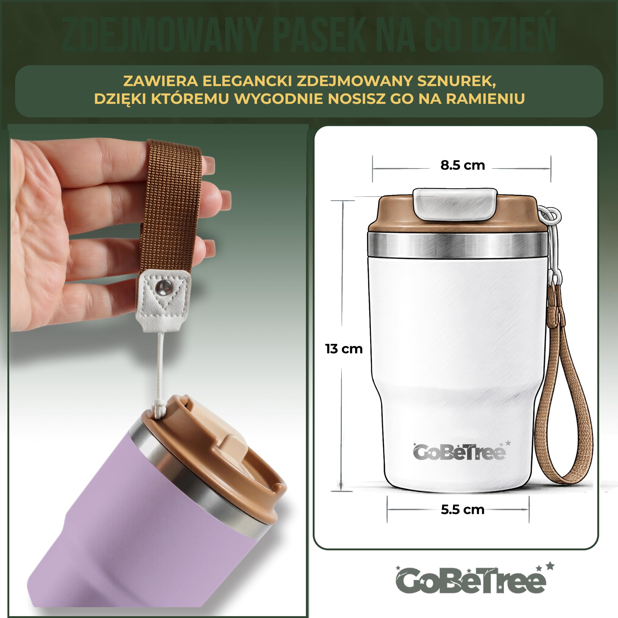 GoBeTree Kubek Termiczny do Kawy 360 ml (12 oz) Stal Nierdzewna ANTIQUE. izolowany tumbler z pokrywką 3 w 1 szczelną, słomką wewnętrzną i odpinanym paskiem do biura, samochodu, podróży i siłowni