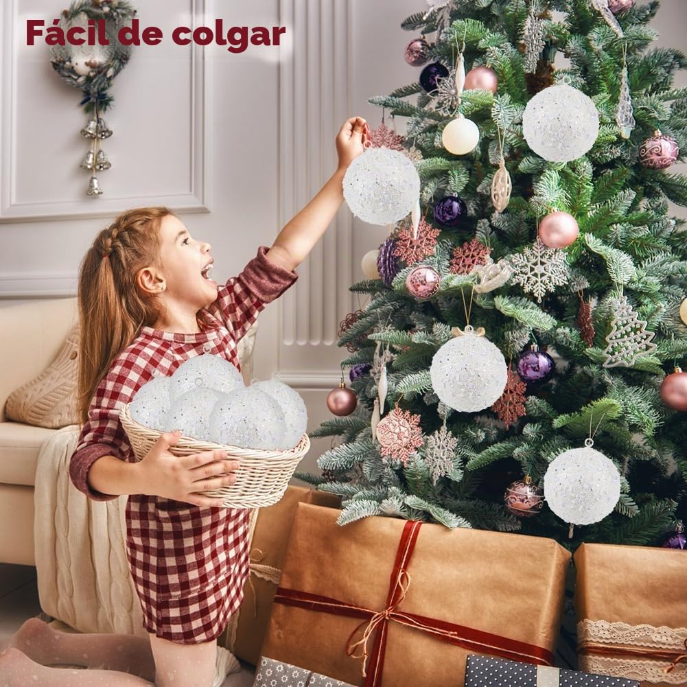 Oairse Adornos grandes de Navidad de 10 cm, 6 piezas inastillables grandes blancas para árbol de Navidad, adornos de árbol de Navidad con purpurina para Halloween, vacaciones, boda, decoración de