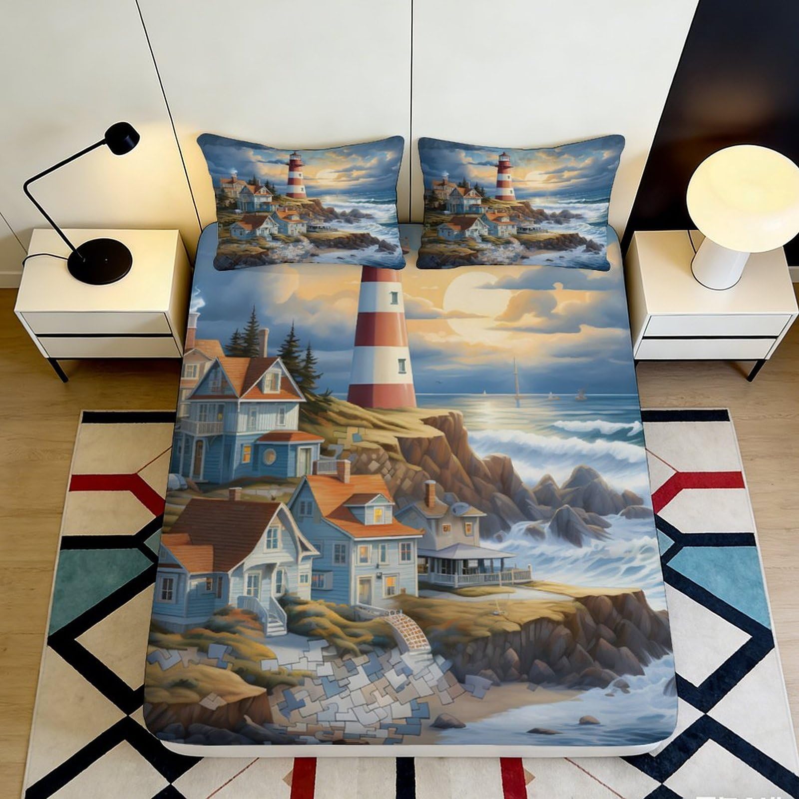 3D Printed Coastal Lighthouse Fitted Sheet Microfiber Soft Durable Ocean View Bed Cover for Bedroom Dormitory Guest Room Mattress Protection 180x200x25cm