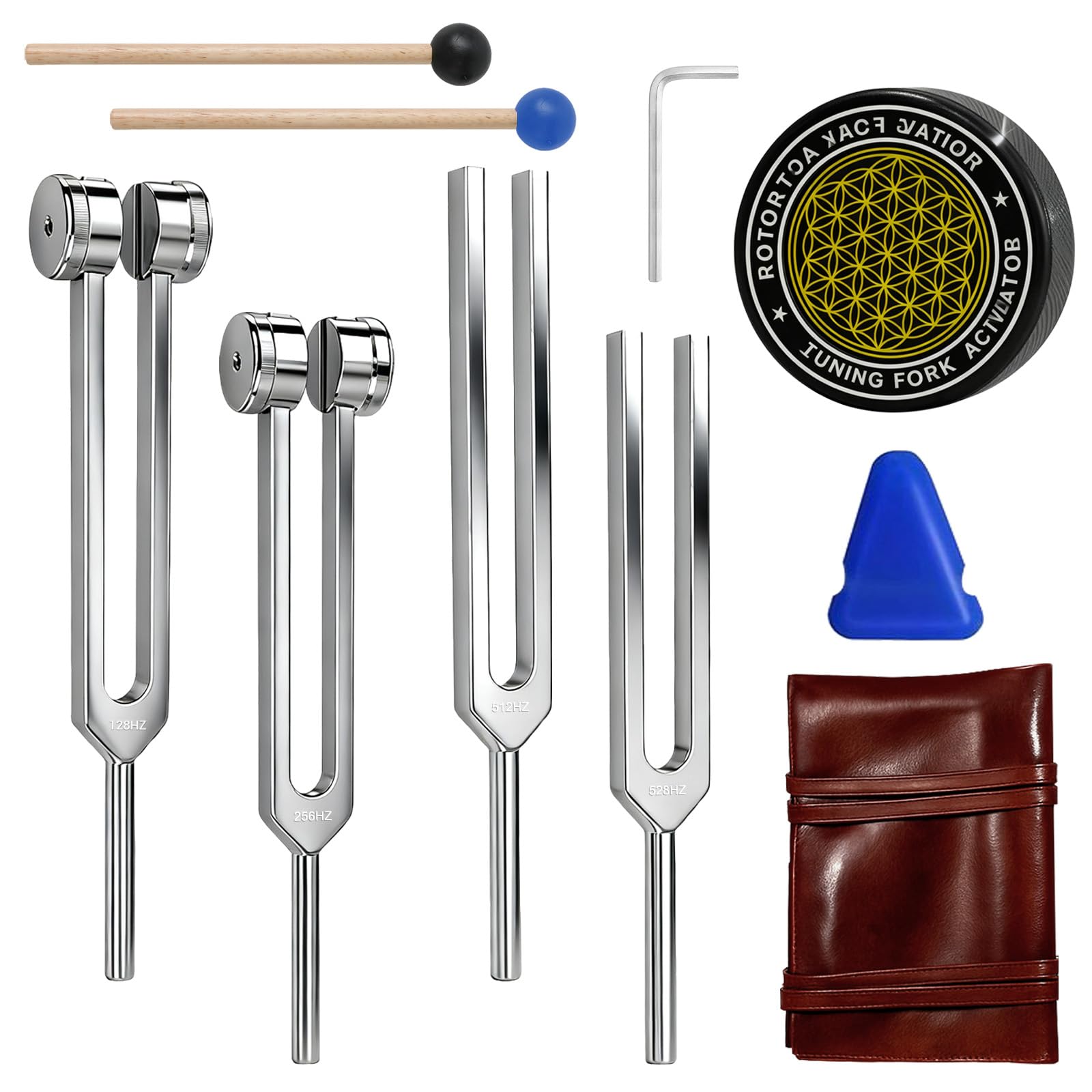 Set di diapason per guarigione (128 Hz, 256 Hz, 512 Hz, 528 Hz), diapason medico per la meditazione e la guarigione del suono, con attivatore e due martelli in gomma