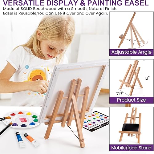Miniatura 5 de MERRIY Juego de pintura para niños, kit de suministros de pintura de 25 piezas con caballete de mesa, pinturas acrílicas de 12 colores, lienzo