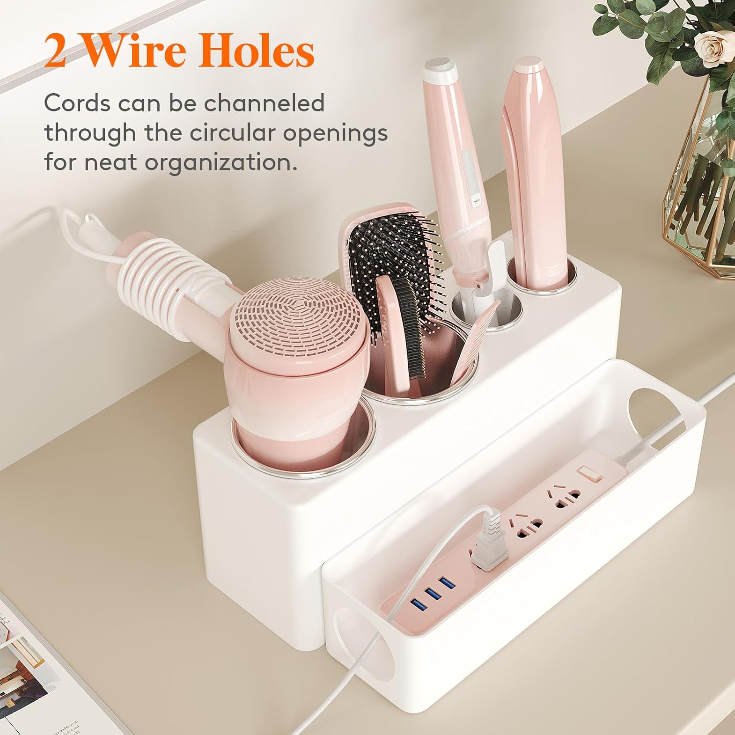 Lifewit Hair Tool Organizer Countertop, Removable Blow Dryer Holder for Bathroom, Acrylic Hot Tools Organizer Storage for Curling Iron, Brush, Straightener, 4 Stainless Cups, White, 30 cm/12 inch(L)