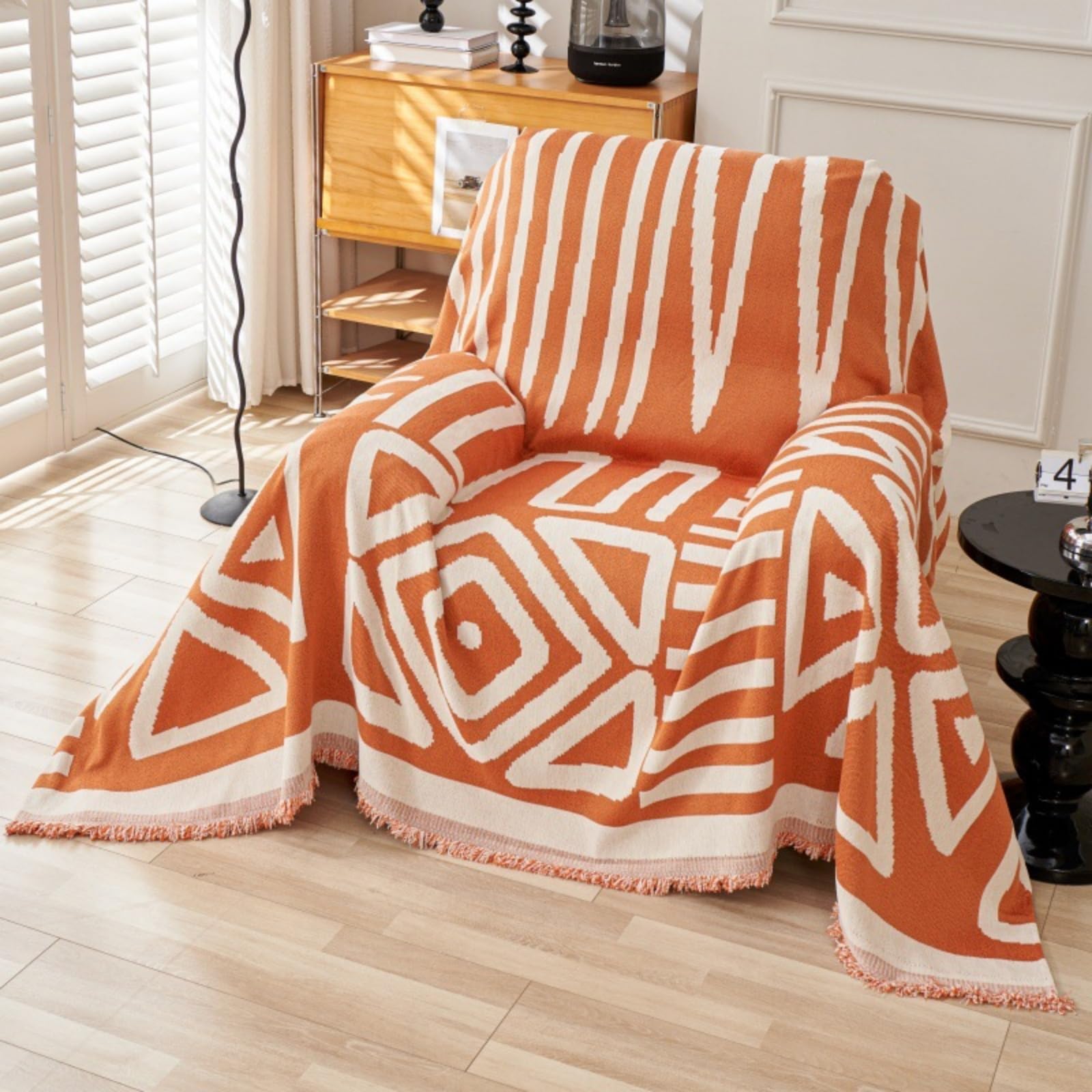 TAOTAOGO Sofa Cover 2 3 Seater Boho Chenille Corner Sofa Slipcover Washable L Shape Sofa Covers Reversible Sectional Couch Cover with Tassel Furniture Protector Loveseat A Orange 180x260cm โ image 1