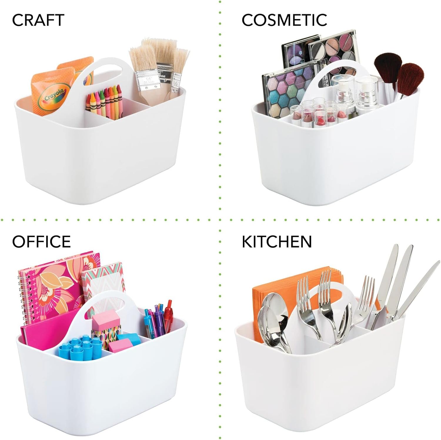 mDesign Plastic Cutlery Storage Organizer Caddy Bin Tote with Handle - Kitchen Cabinet Divided Pantry Basket for Forks, Knives, Spoons, Napkins, Indoor/Outdoor Use, Lumiere Collection, White -