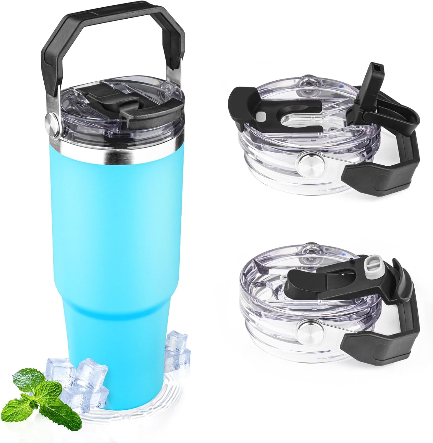 30oz Tumbler with Handle and Flip Straw Lid Double Wall Insulated Travel Coffee Mug Stainless Steel Vacuum Insulated Coffee Tumbler Cup for Hot and Cold Beverages,BPA-free(30oz,Azure)