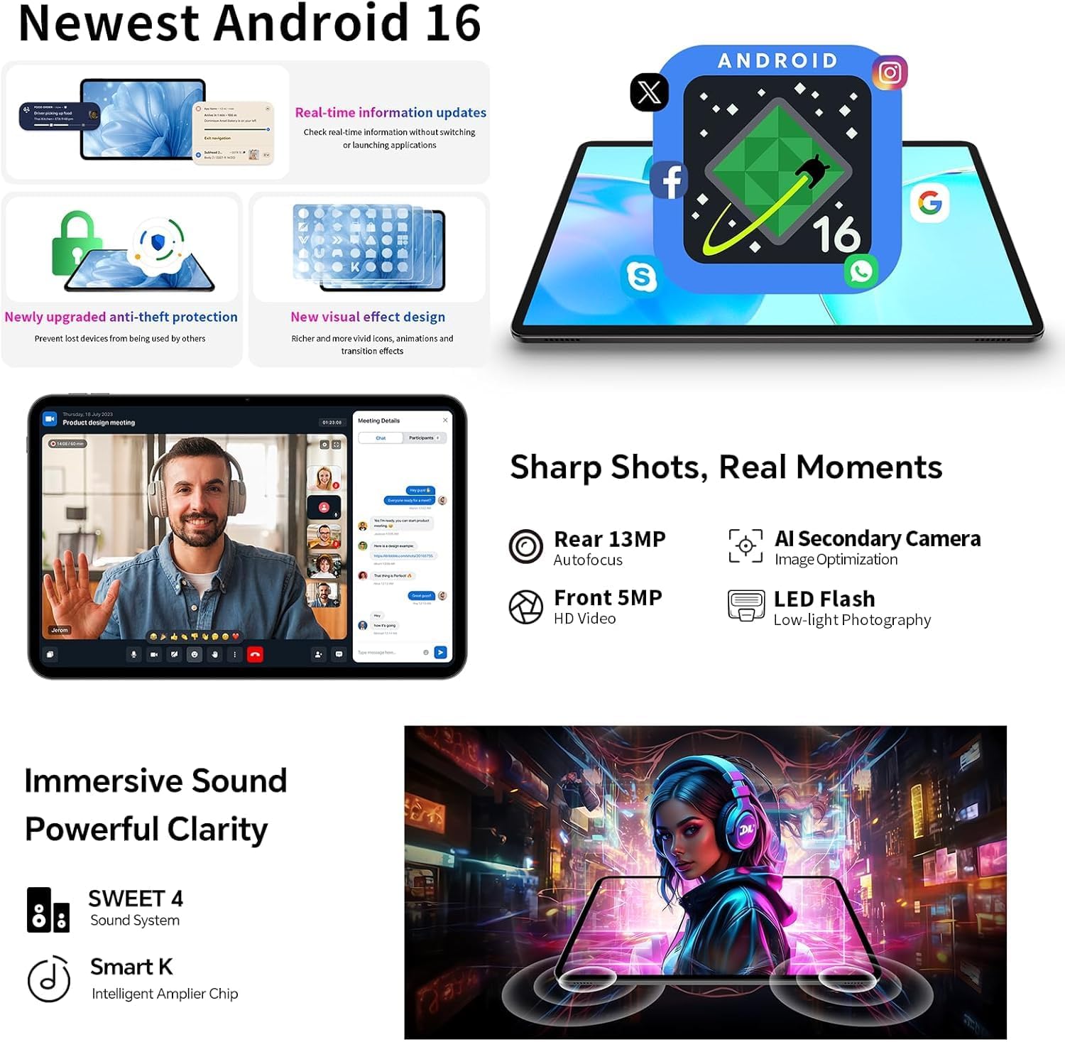 TECLAST T65 Tablet 13.4 Pollici 120Hz Display Tablet Android 16, Doppio SIM 4G LTE+5G WiFi, 2.2GHz Octa-Core, 26GB RAM+256GB ROM(TF 4TB) Widevine L1 1080P/13MP/BT5/GPS/OTG, con Tastiera+Custodia+Penna
