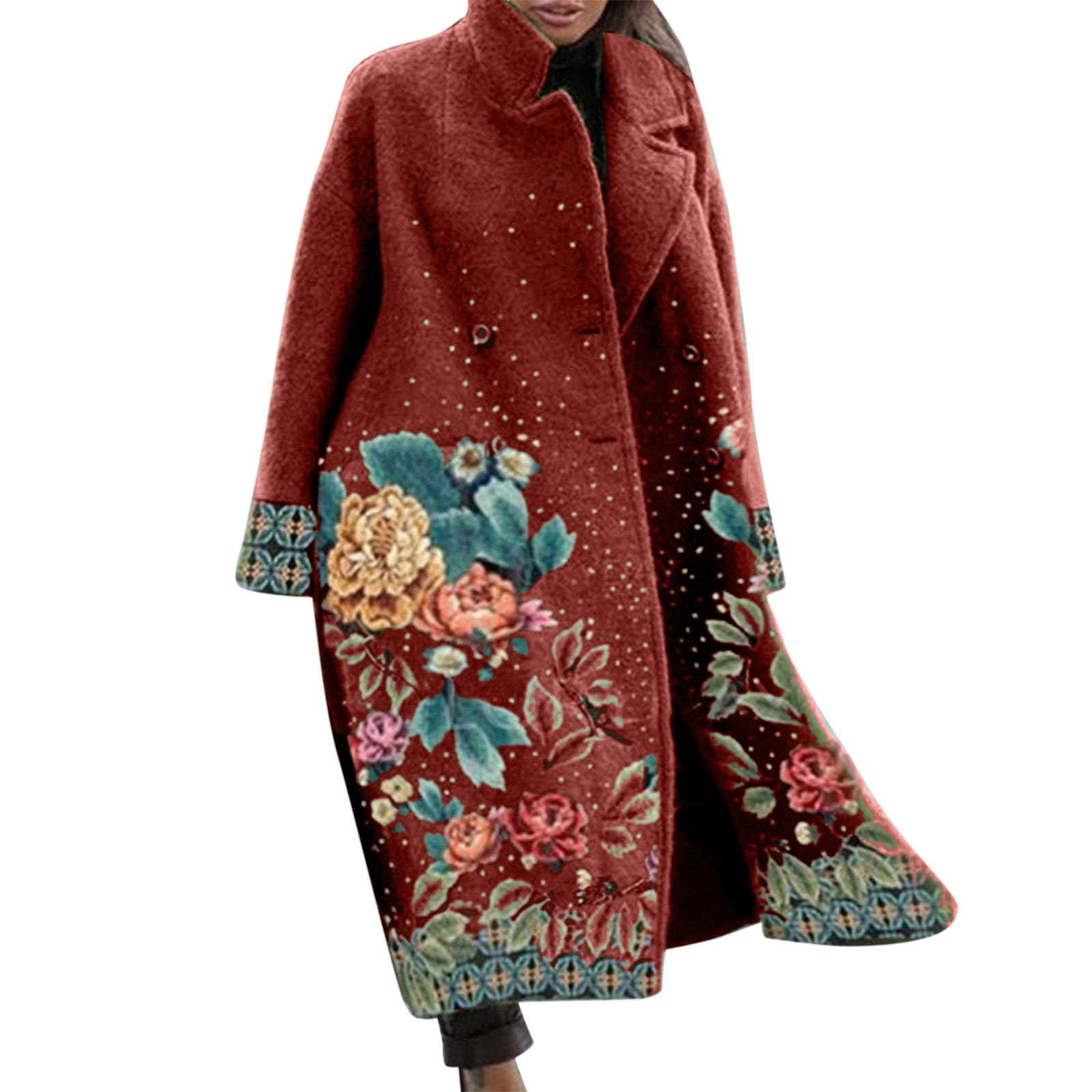 Generisch Chaqueta de invierno para mujer, cálida chaqueta de tweed con estampado floral, cuello alto, abrigo de invierno, ropa de exterior, gabardina resistente al viento, chaqueta vintage con