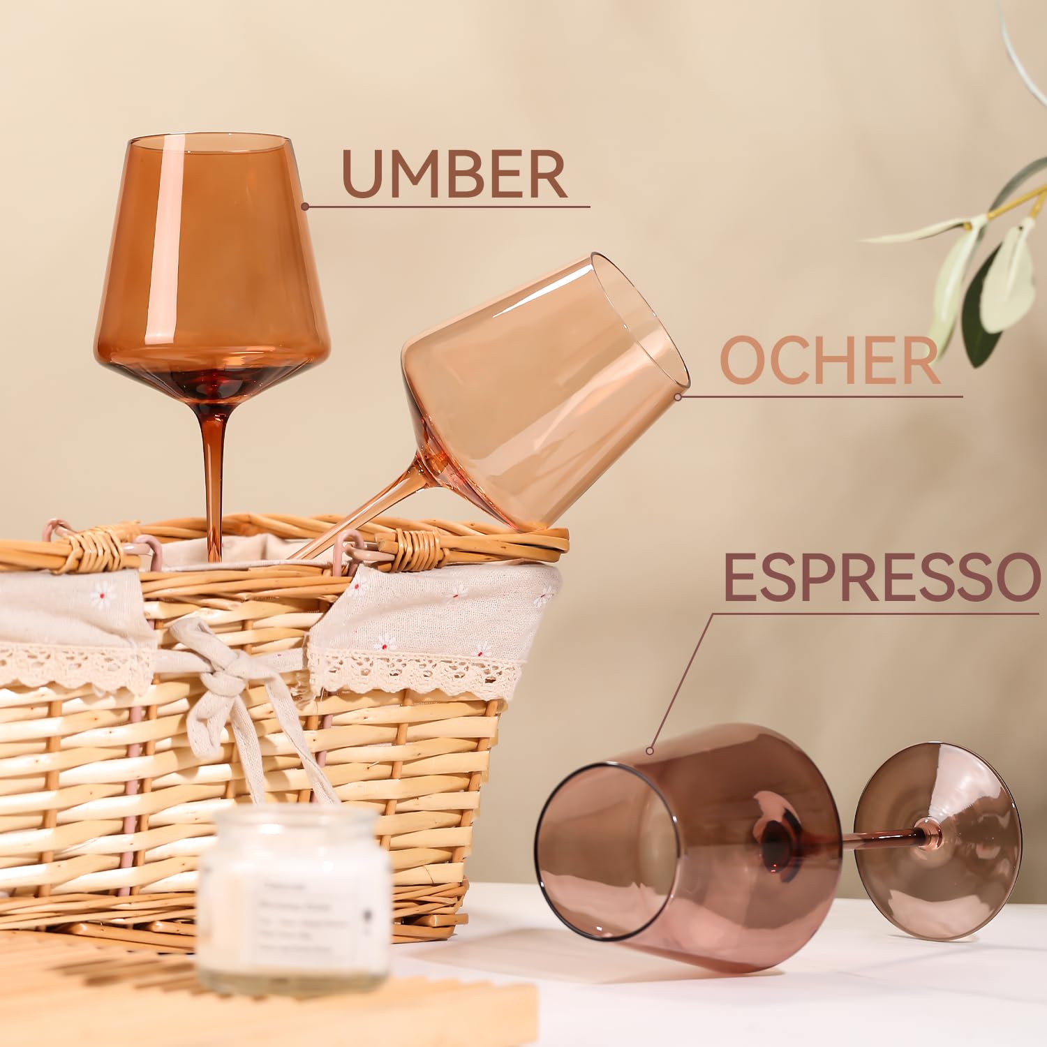 Venus - Juego de 6 copas de vino sopladas a mano, copas de vino de cristal ámbar, juego de copas de vino marrón para otoño, invierno, cena de vino