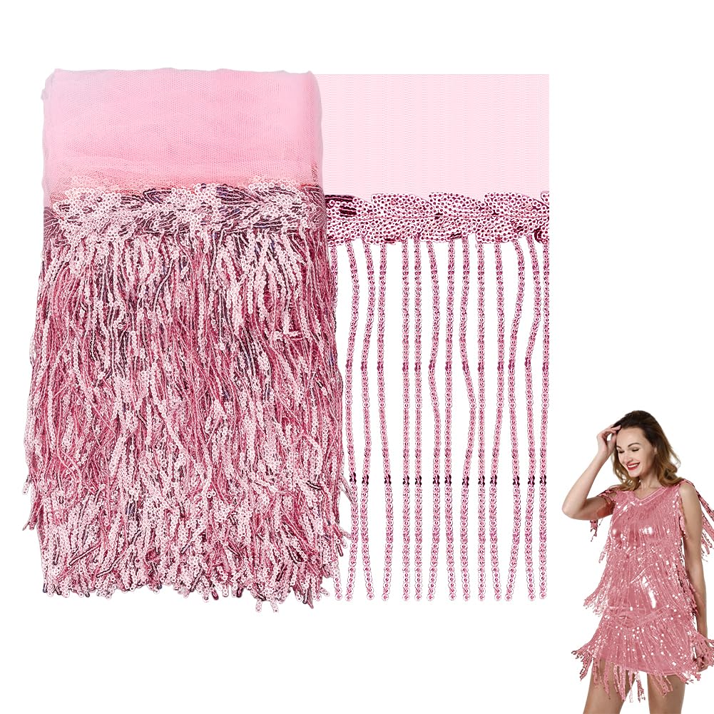 NBEADS 10 Yards Pink Polyester Sequins Lace Tassel Fringe Trim for Wedding Decoration