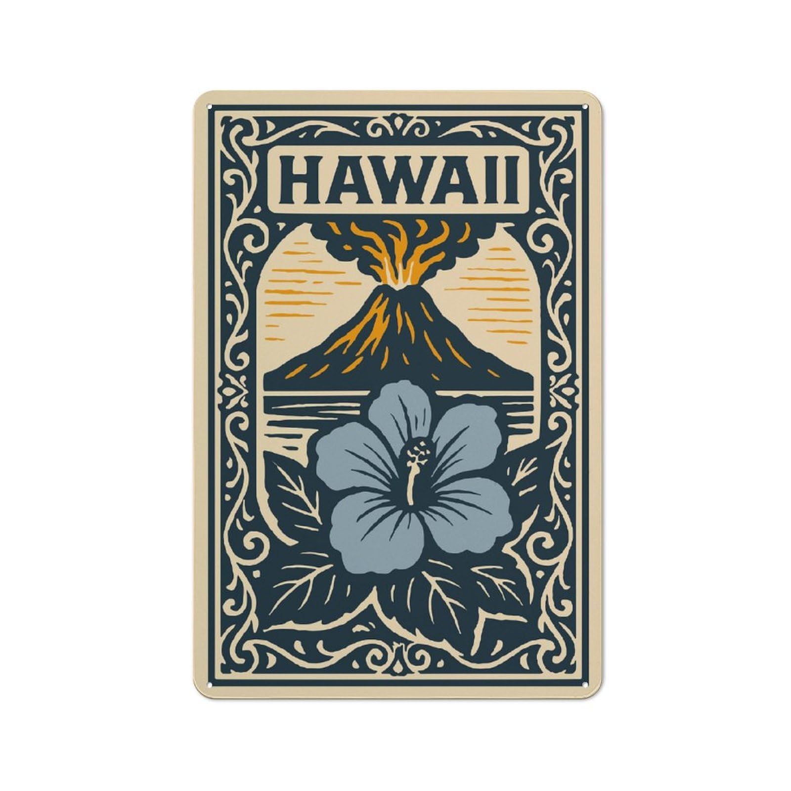 Hawaii Volcano And Hibiscus Illustration Vintage Tin Sign 30x20cm for Pub Or Café, for Everyday Room Decor with A Vintage Look