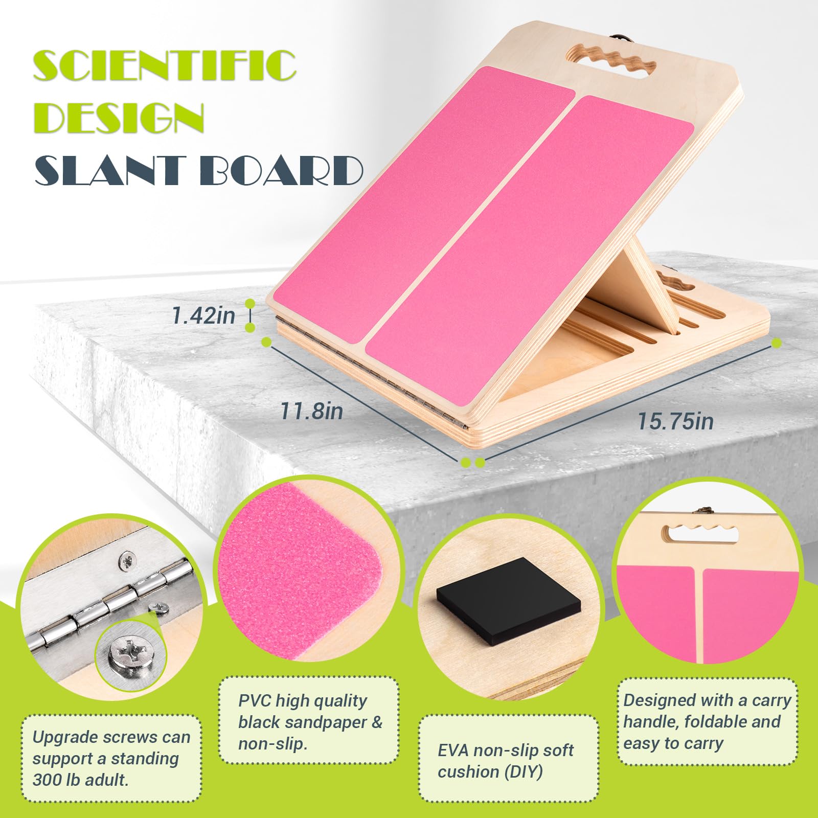Tabla inclinada para estirar pantorrillas, tabla inclinada de madera portátil ajustable para estirador de pantorrillas con póster de entrenamiento, capacidad de peso de 300 libras, cuña elástica para