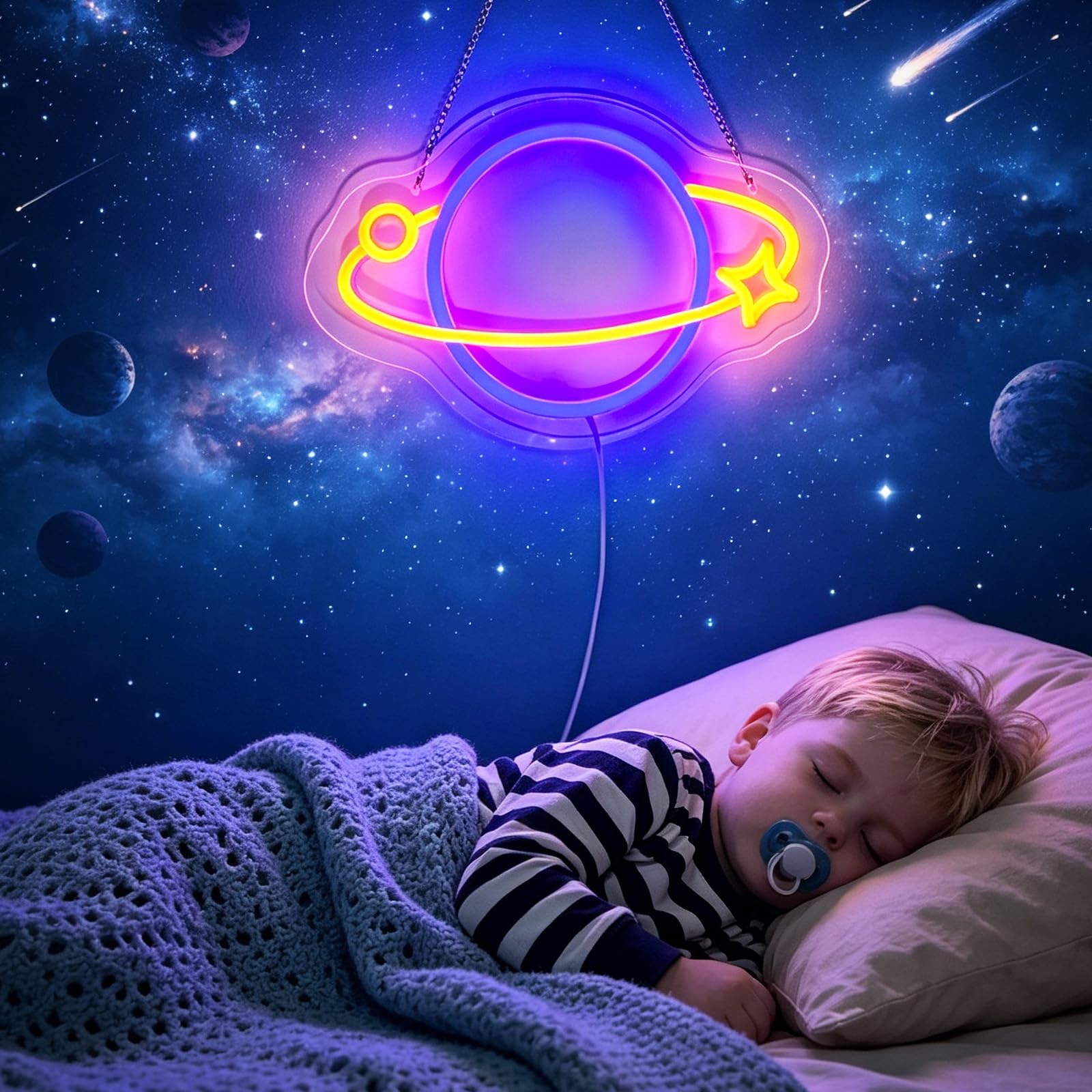Pianeta Insegna al neon per decorazione da parete, luci notturne a LED dimmerabili, alimentata tramite USB, pianeta e stella, per camera da letto, sala giochi, club, regali per bambini amanti della