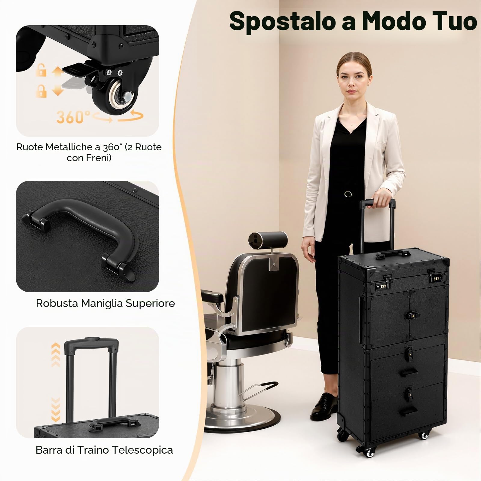 Valigetta per trucchi, trolley 4 in 1, con ruote e 2 cassetti, con serratura, 38 x 25,5 x 82 cm, per trucchi