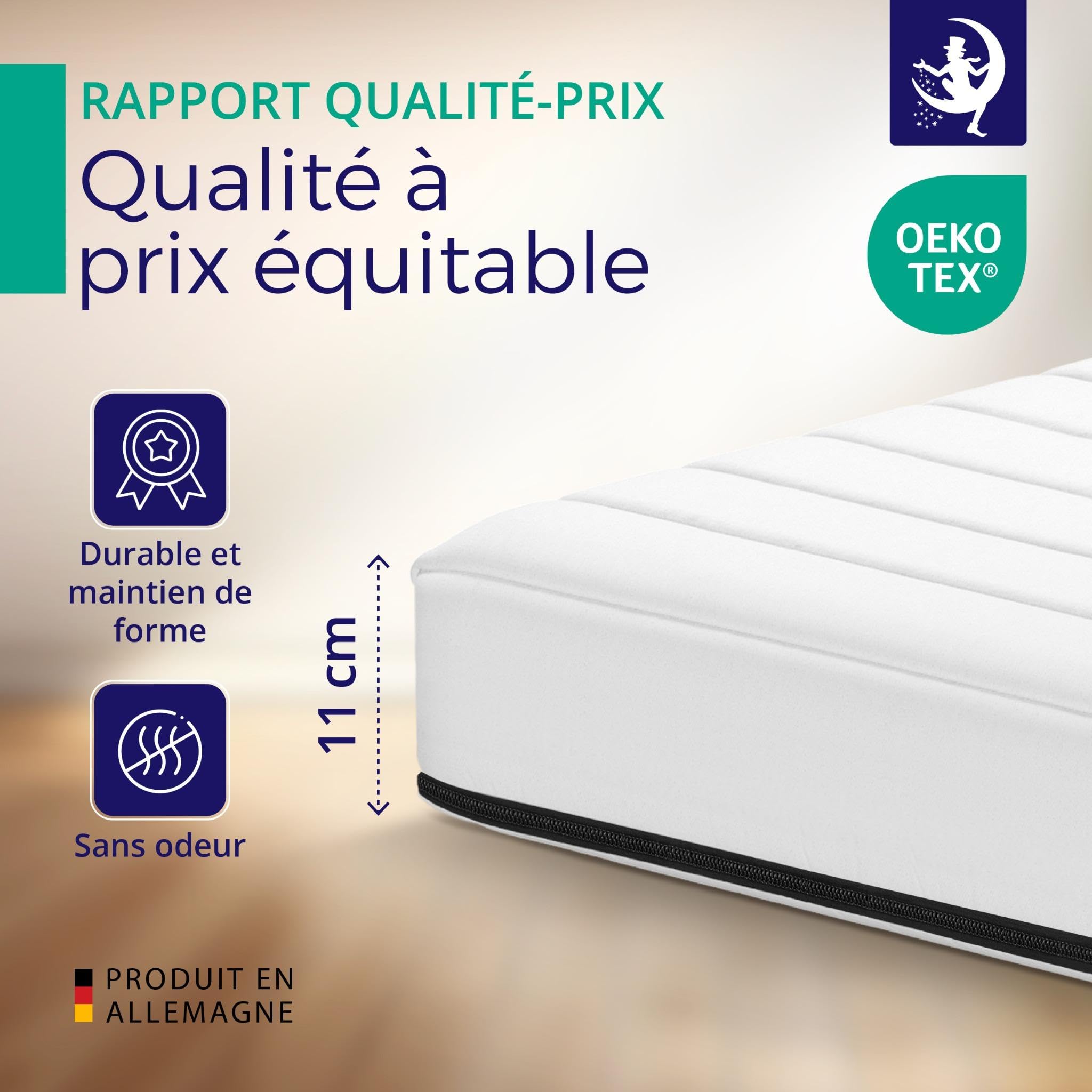 Mister Sandman Surmatelas 140x190 cm, Épaisseur 11 cm, Mousse Froide Ergonomique, Fermeté Moyenne, Confortable et Respirant, Housse Amovible et Lavable, Fabriqué en Allemagne