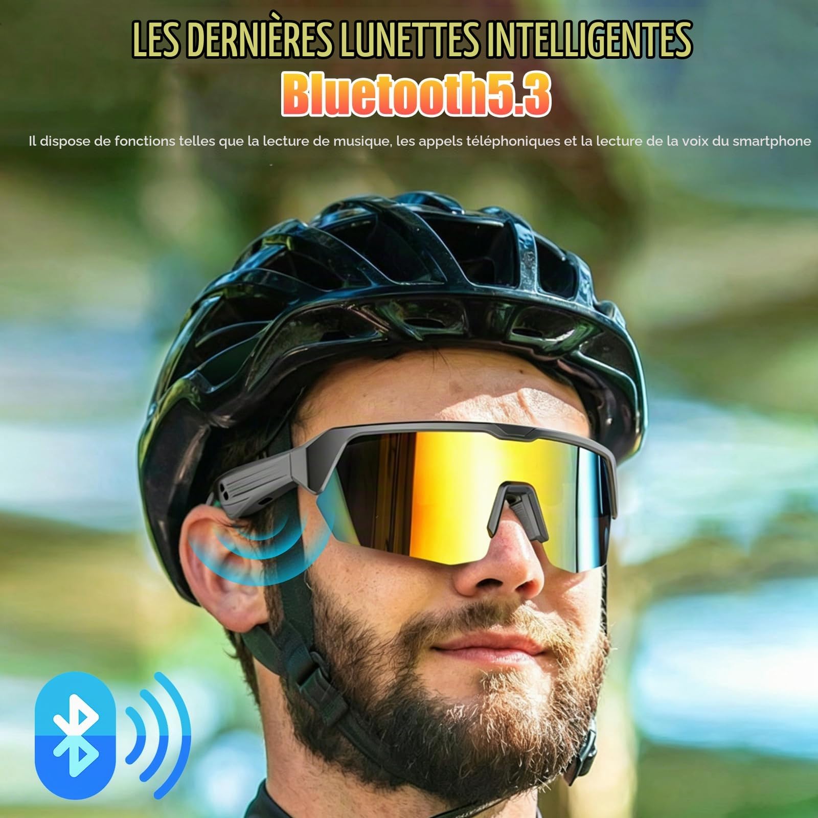 Lunettes de Soleil Bluetooth Intelligentes, Lunette Protection de Cyclisme, Réponse en un Clic, Protection UV, Navigation Vocale, pour Homme et Femme, Cyclisme, Course, Ski