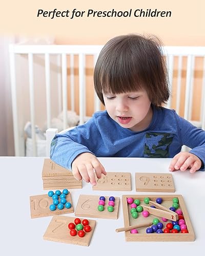 Miniatura 5 de Montessori - Juego de tablas de rastreo de números de madera, juguete para contar cuentas matemáticas para niños pequeños, aprendizaje preescolar a