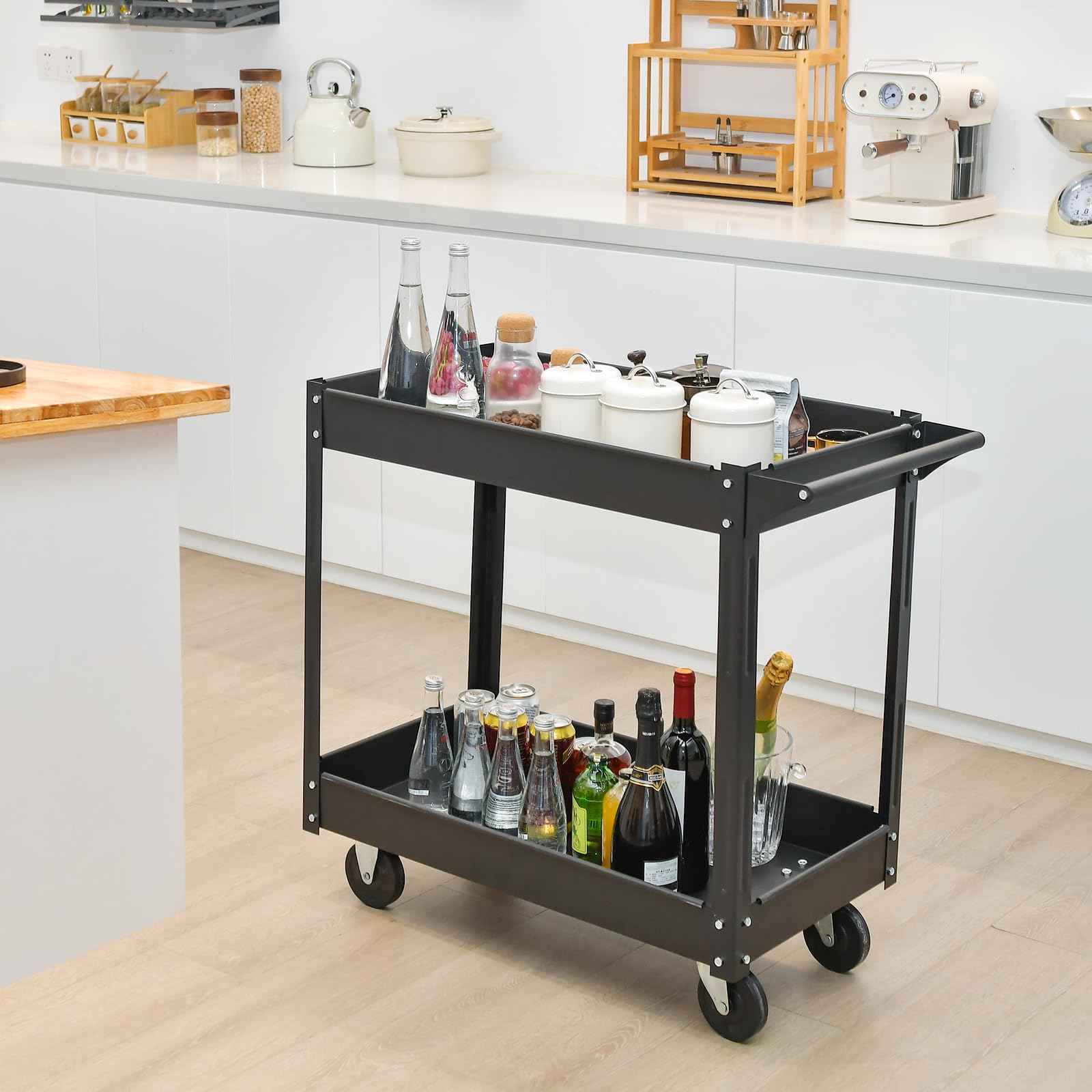 GYMAX Carrello Portaoggetti a 2 Livelli, Carrello Portautensili in Metallo Robusto con 4 Ruote Lisce, Carrello di Servizio con Maniglia Ergonomica, per Garage, Magazzino, Cucina, Nero/Rosso (Nero)