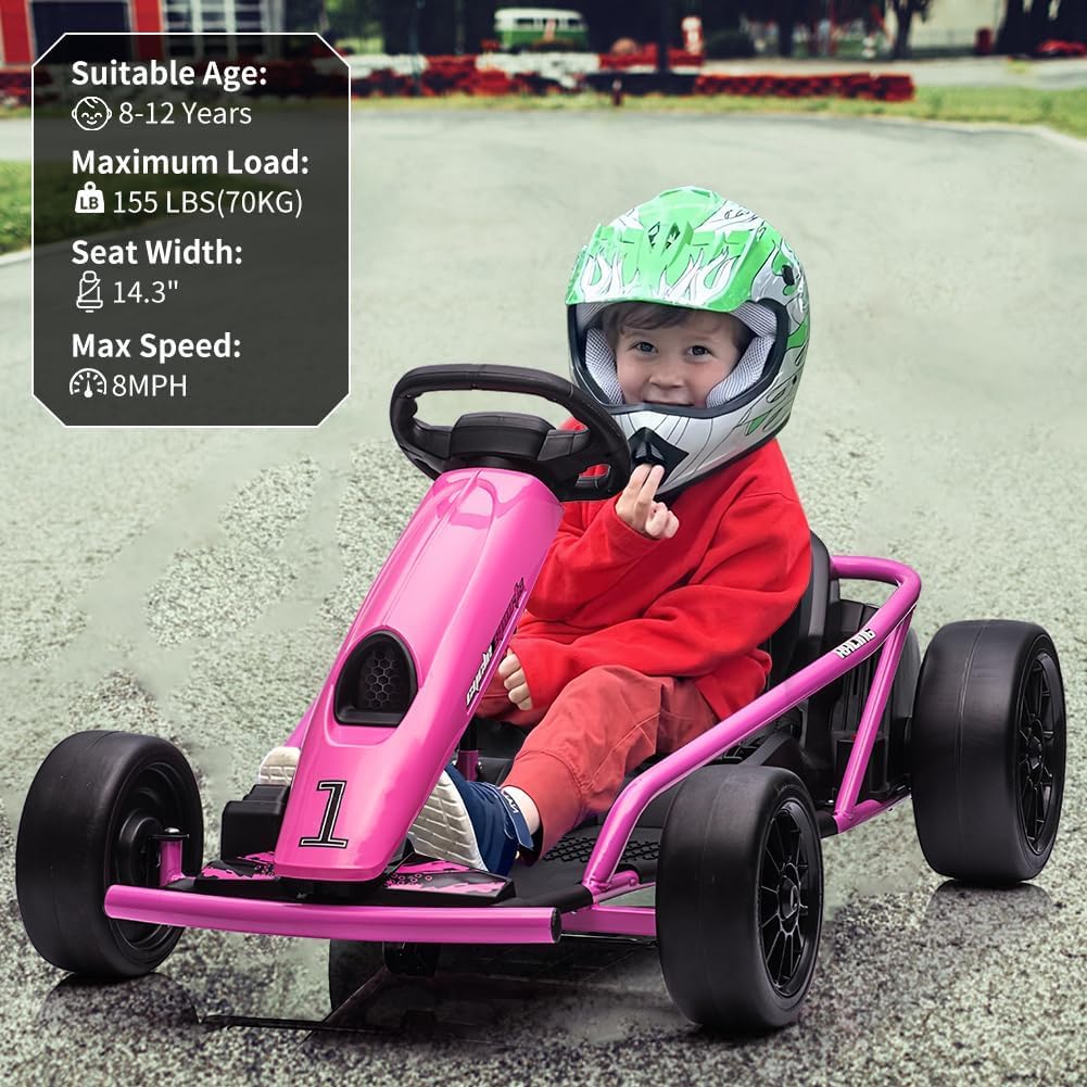 Garvee Kart Électrique Enfant 24V, 2 Moteurs 300W Ultra-Puissants, Batterie 9Ah, Vitesse Max 13 km/h, Kart Drift avec Musique et Klaxon, Charge 70 kg, Go Kart Électrique Extérieur pour 8-12 Ans
