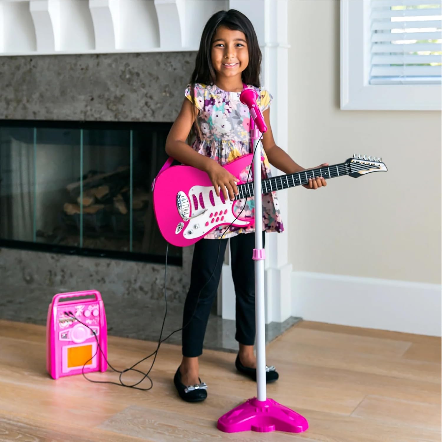 best choice products kids electric musical guitar play set, toy guitar starter kit bundle w/ 6 demo songs, whammy bar, microphone, amp, aux, 2 sticker sheets - pink