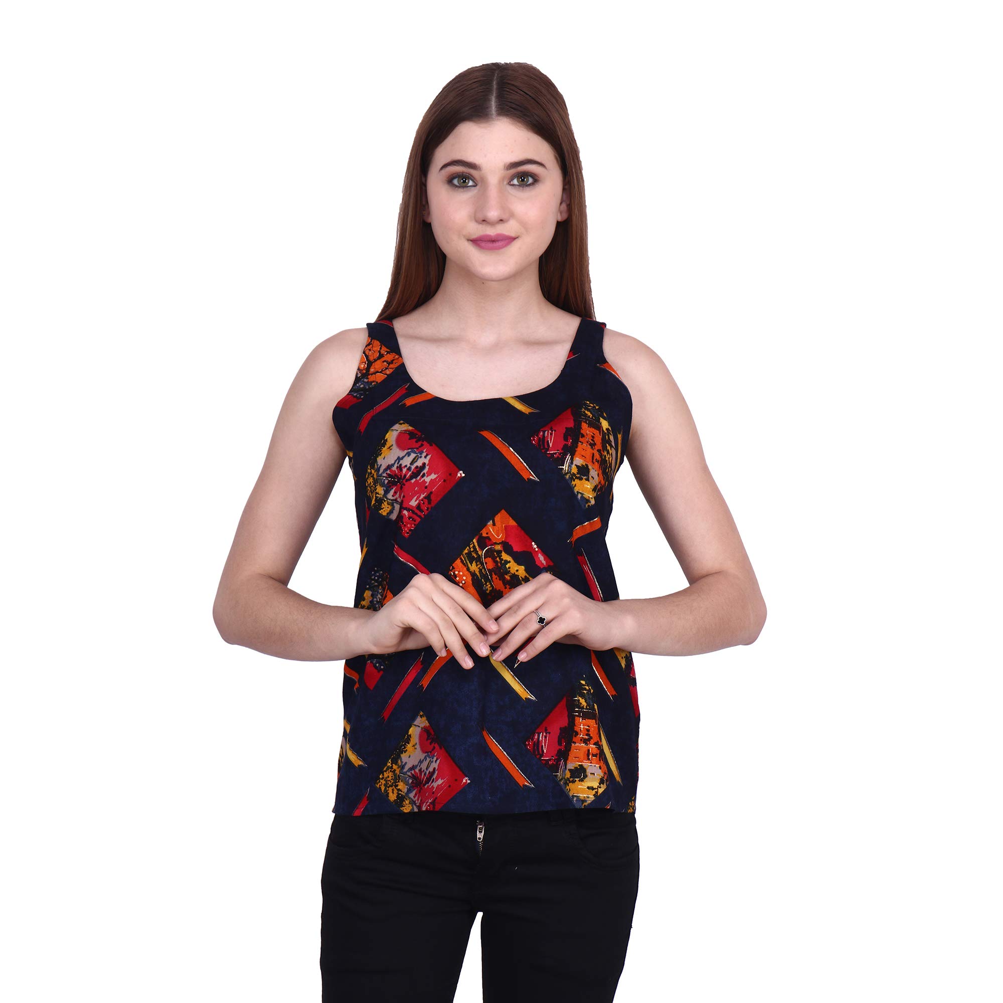 popwings Casual Sleeveless Round Neck Foil/Graphic Print Regular Top for Women, Blue/Multicolor-picture-14