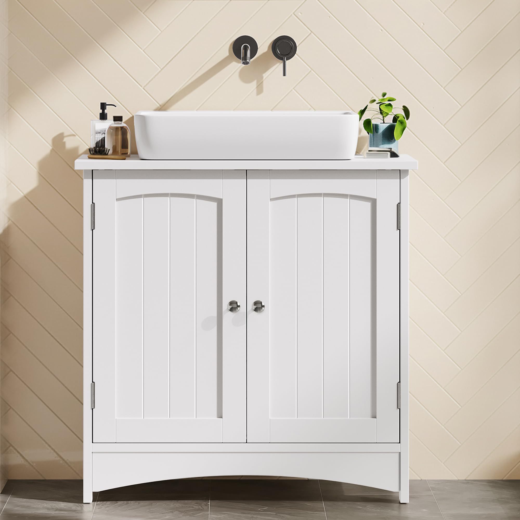 VASAGLE Under Sink Bathroom Cabinet with 2 Doors, Freestanding Storage Cabinet with Adjustable Shelf, Farmhouse Style, 23 x 20 cm Syphon Opening, 30 x 60 x 60 cm, Cloud White BBC100WH01
