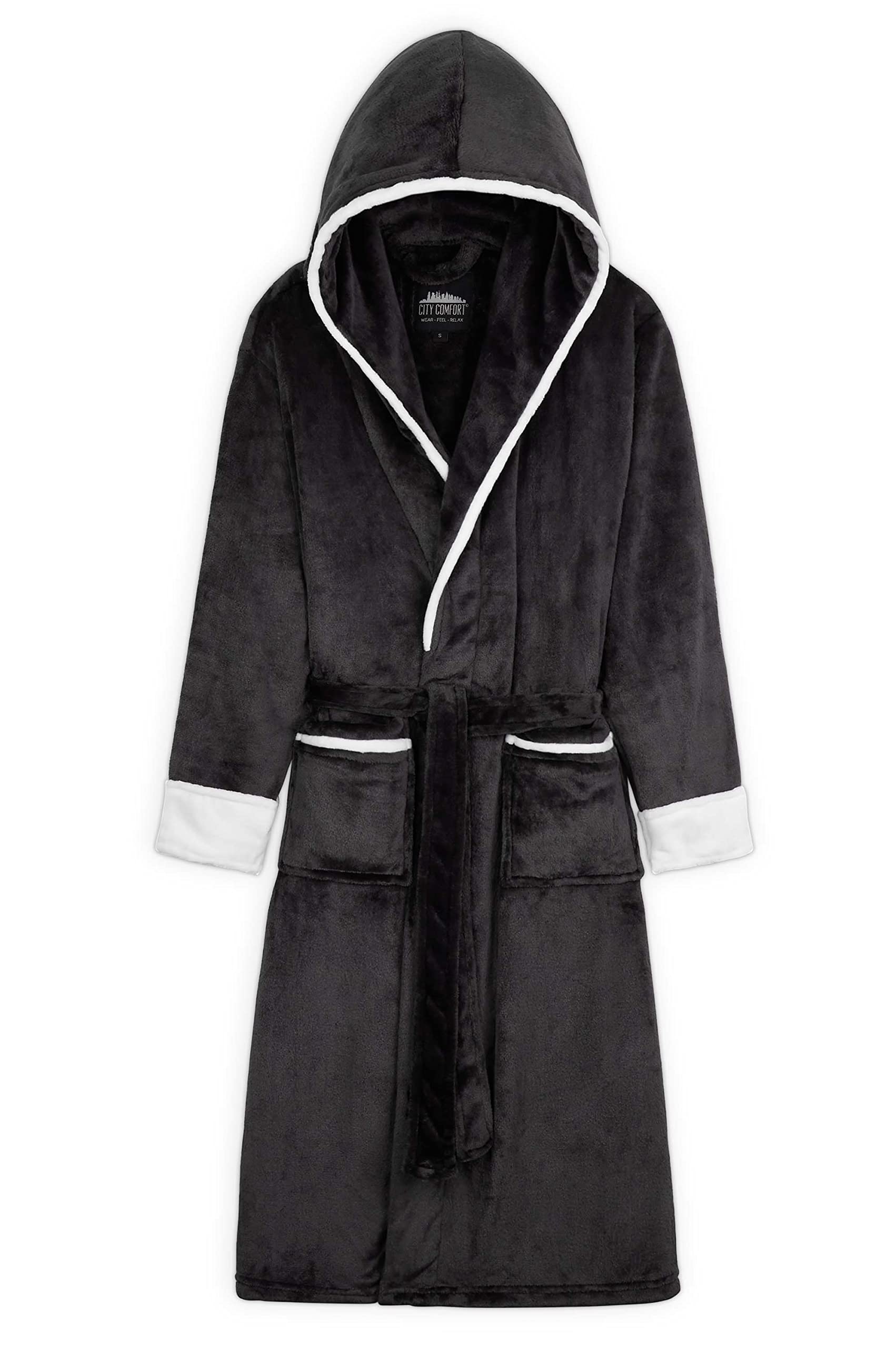 CityComfort Ladies Dressing Gowns Soft Fleece Hooded Women's Robes (M, Charcoal)