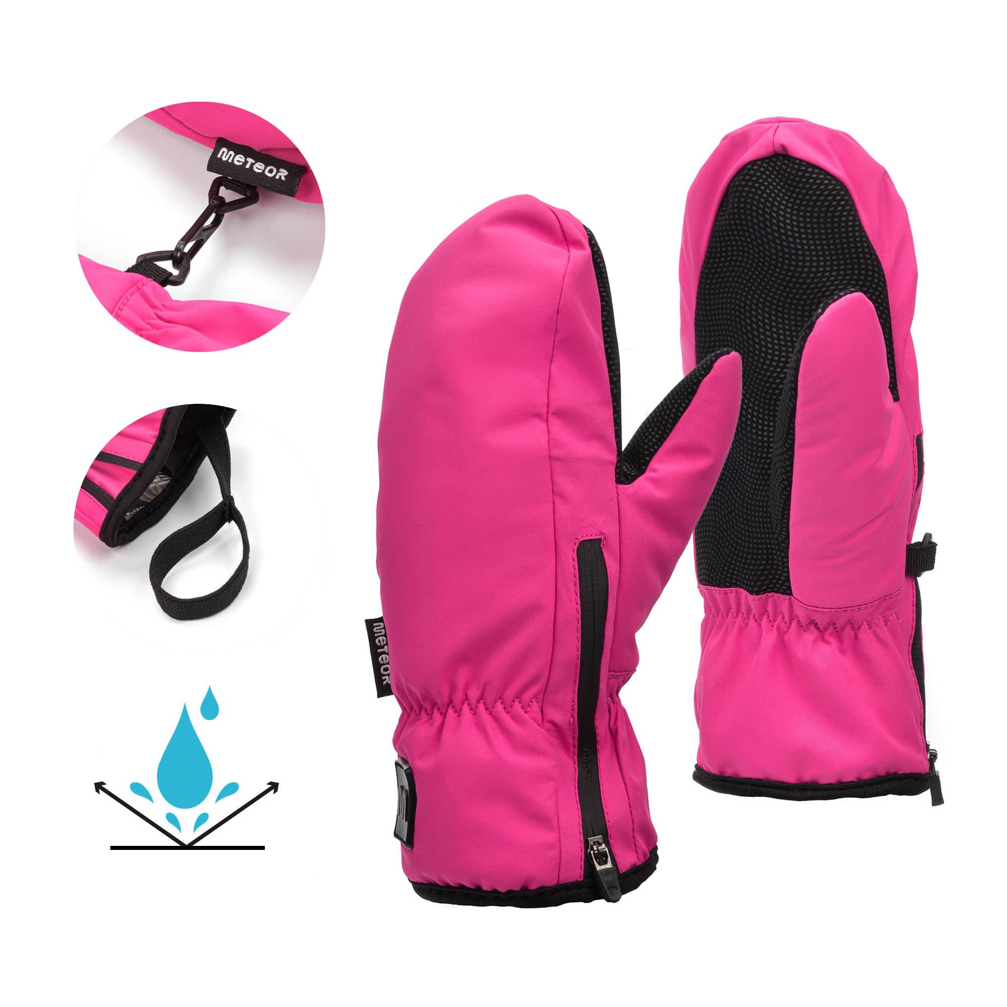 meteor Gants de Ski Enfant Fille Juna, Gants Hiver imperméables Rose Noir, Chauds et Confortables, Tailles XXS XS S