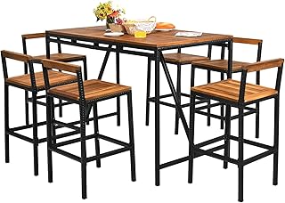 HAPPYGRILL 7 Piece Patio Bar Table Set with Umbrella Hole Acacia Wood Hi...