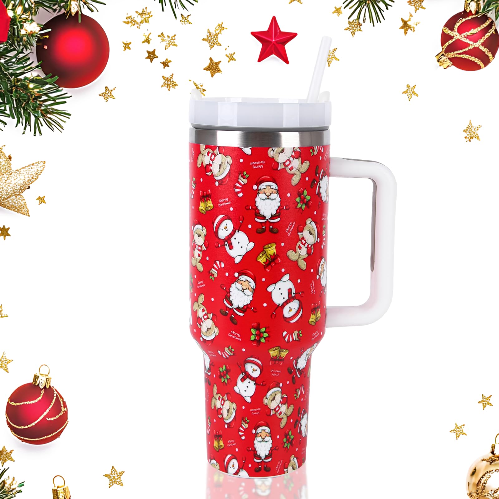 Christmas Stanley Cup 40oz Insulated Tumbler with Straw Lid & Handle - Festive Red Stainless Steel Double Walled Travel Mug for Hot/Cold Drinks (A)