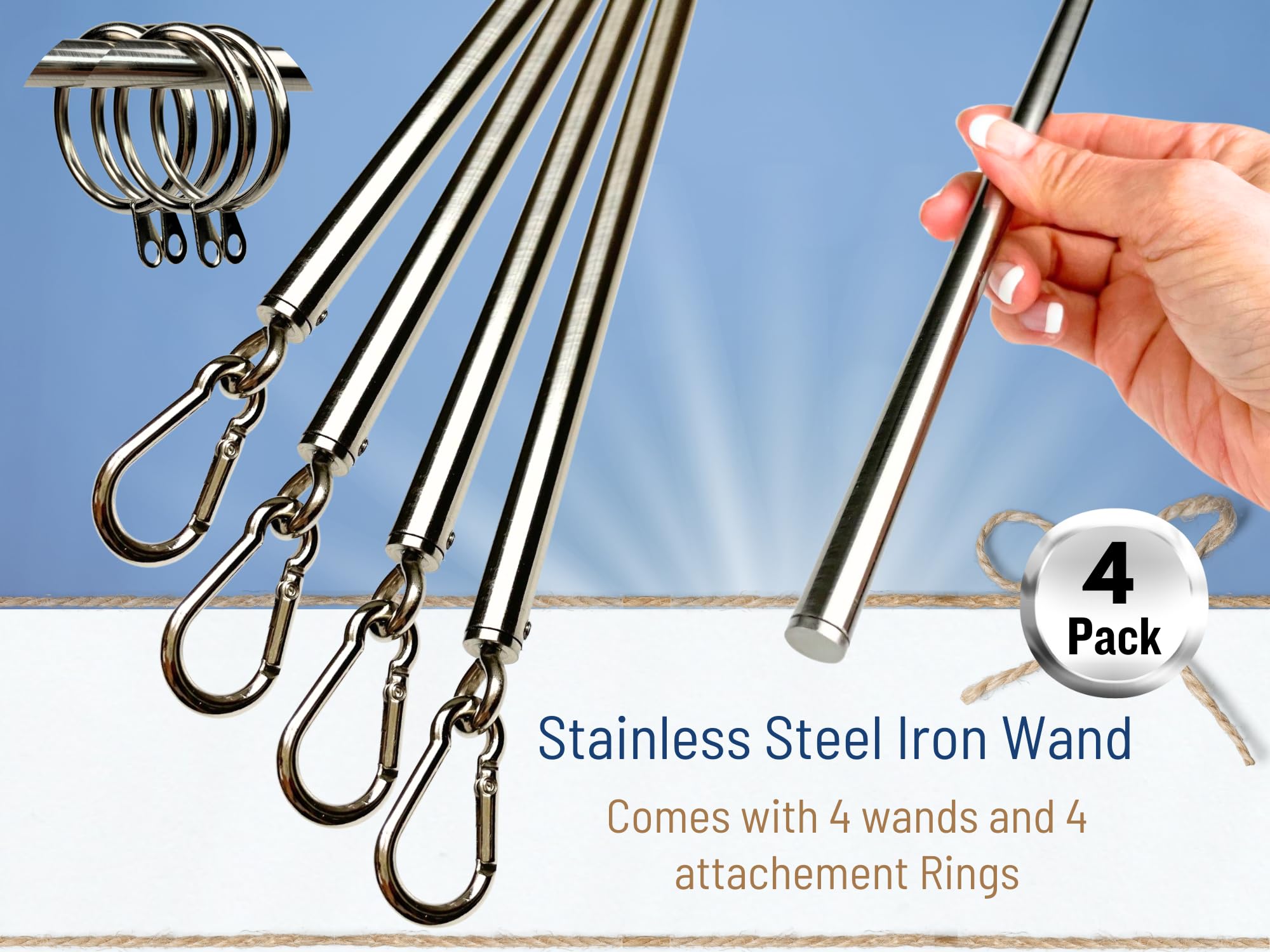 OooWow 36 inch (4 Pack) Stainless Steel Iron Curtain Pull Wand - Drapery Pull Rod - Verstaile Curtain Wand - Strong Metal Drapery Wand (36in SS 4Pk)