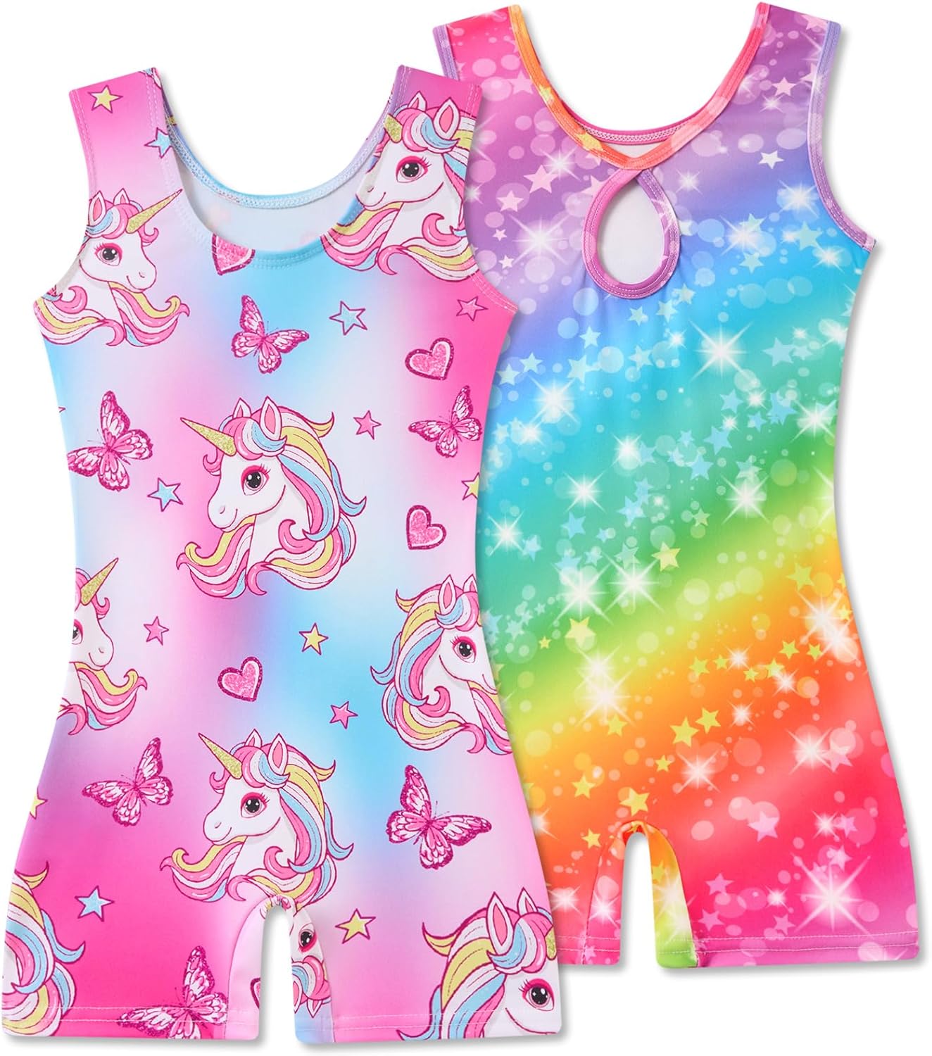 2 Packs Gymnastics Leotards for Girls Toddler Dance Biketards Tumbling Outfit Rainbow Biketard with Shorts